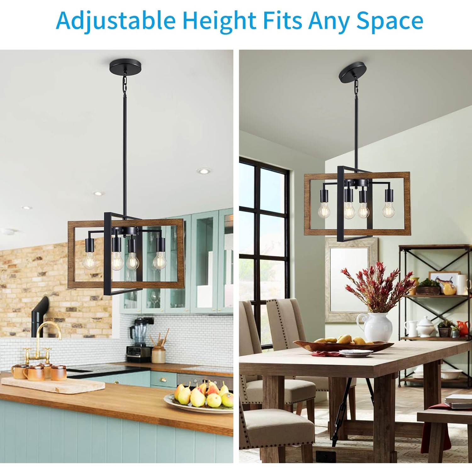 Open Box - XINGQI Farmhouse Light Fixtures Vintage Chandelier 4 Light Rustic Ceiling Light Black & Wood Grain Finish Cross Metal Luminaire