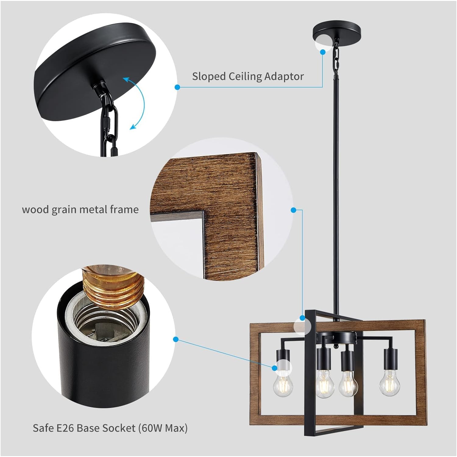 Open Box - XINGQI Farmhouse Light Fixtures Vintage Chandelier 4 Light Rustic Ceiling Light Black & Wood Grain Finish Cross Metal Luminaire