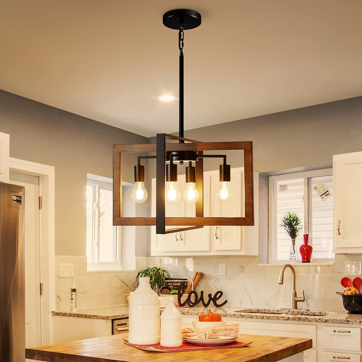 Open Box - XINGQI Farmhouse Light Fixtures Vintage Chandelier 4 Light Rustic Ceiling Light Black & Wood Grain Finish Cross Metal Luminaire