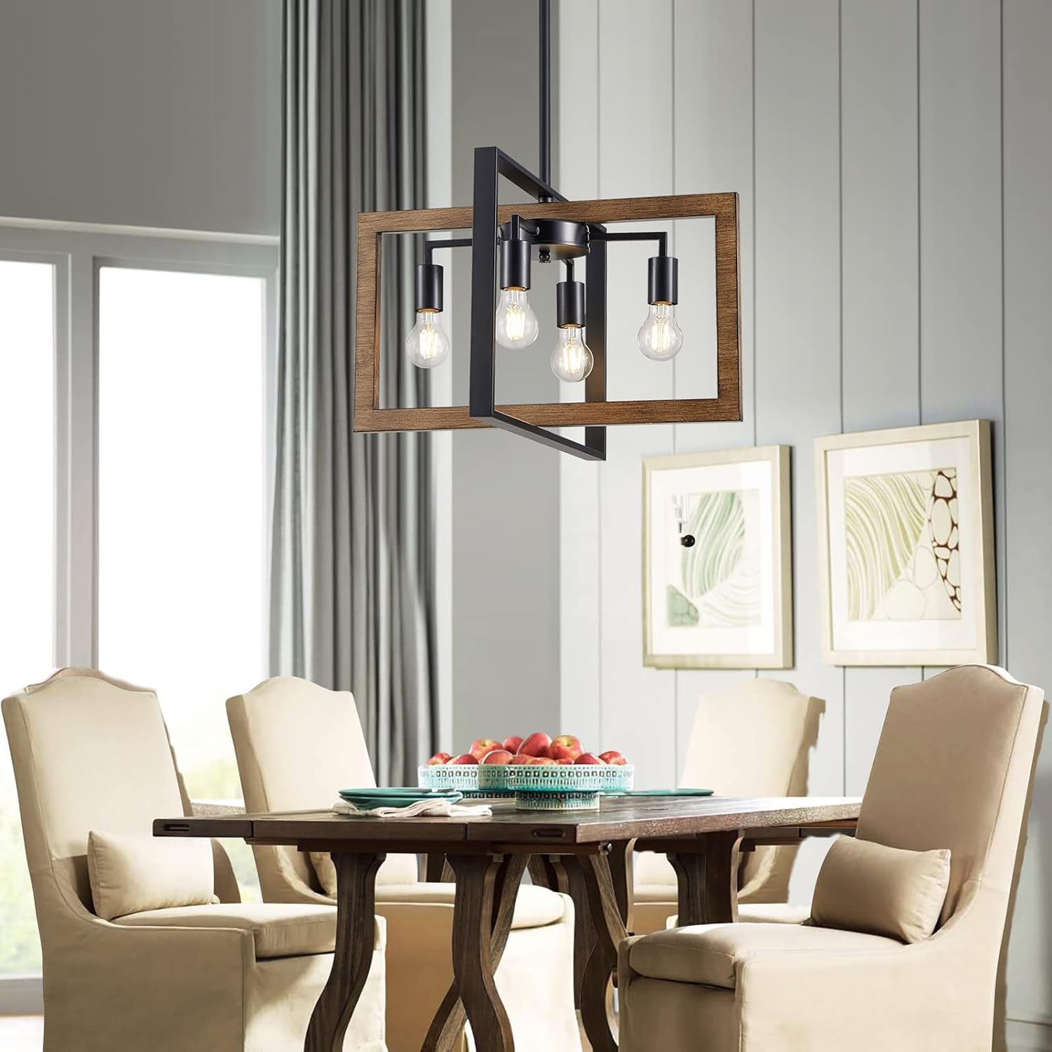 Open Box - XINGQI Farmhouse Light Fixtures Vintage Chandelier 4 Light Rustic Ceiling Light Black & Wood Grain Finish Cross Metal Luminaire