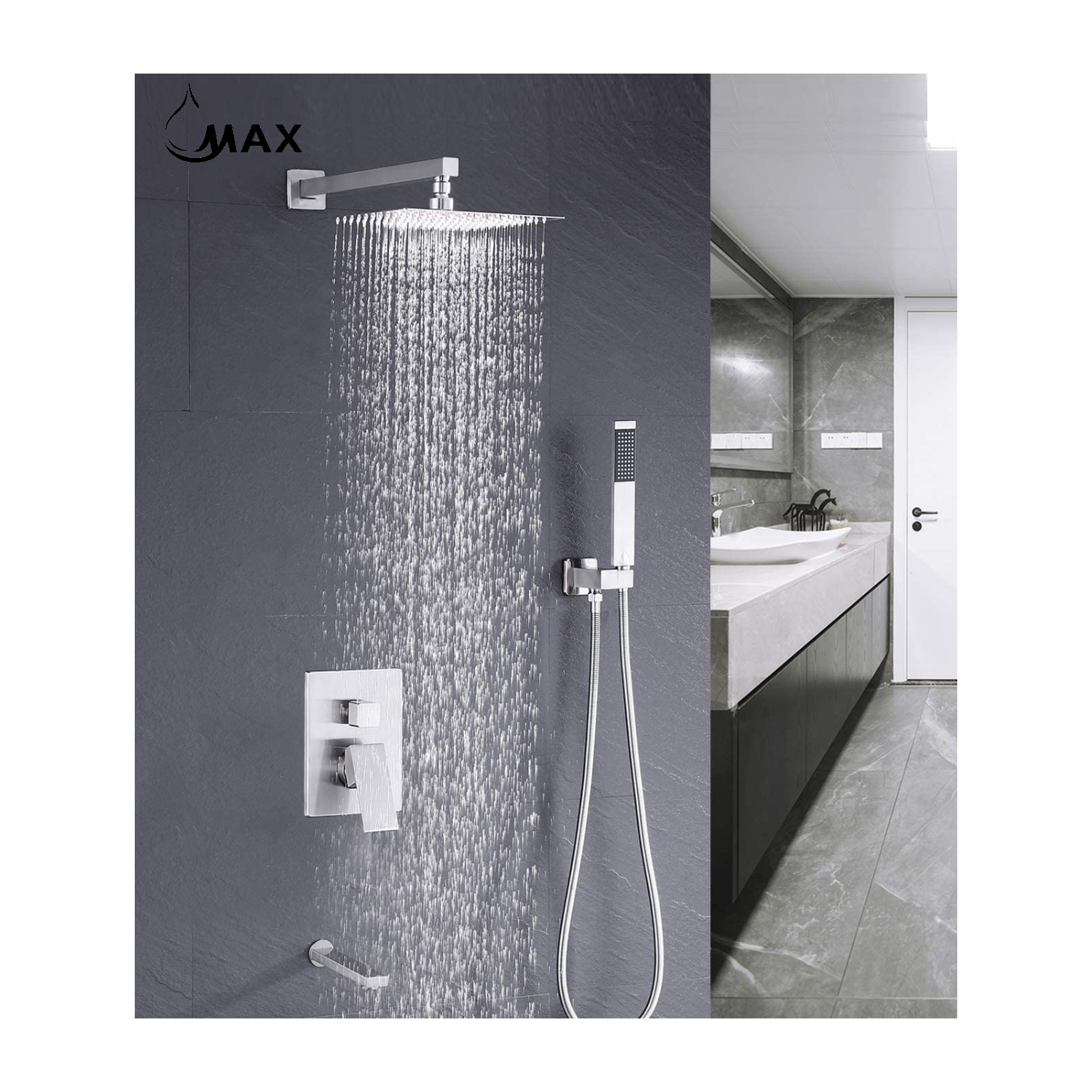 MAX Faucets Brushed Nickel Square Tub Shower System Three Functions With Valve