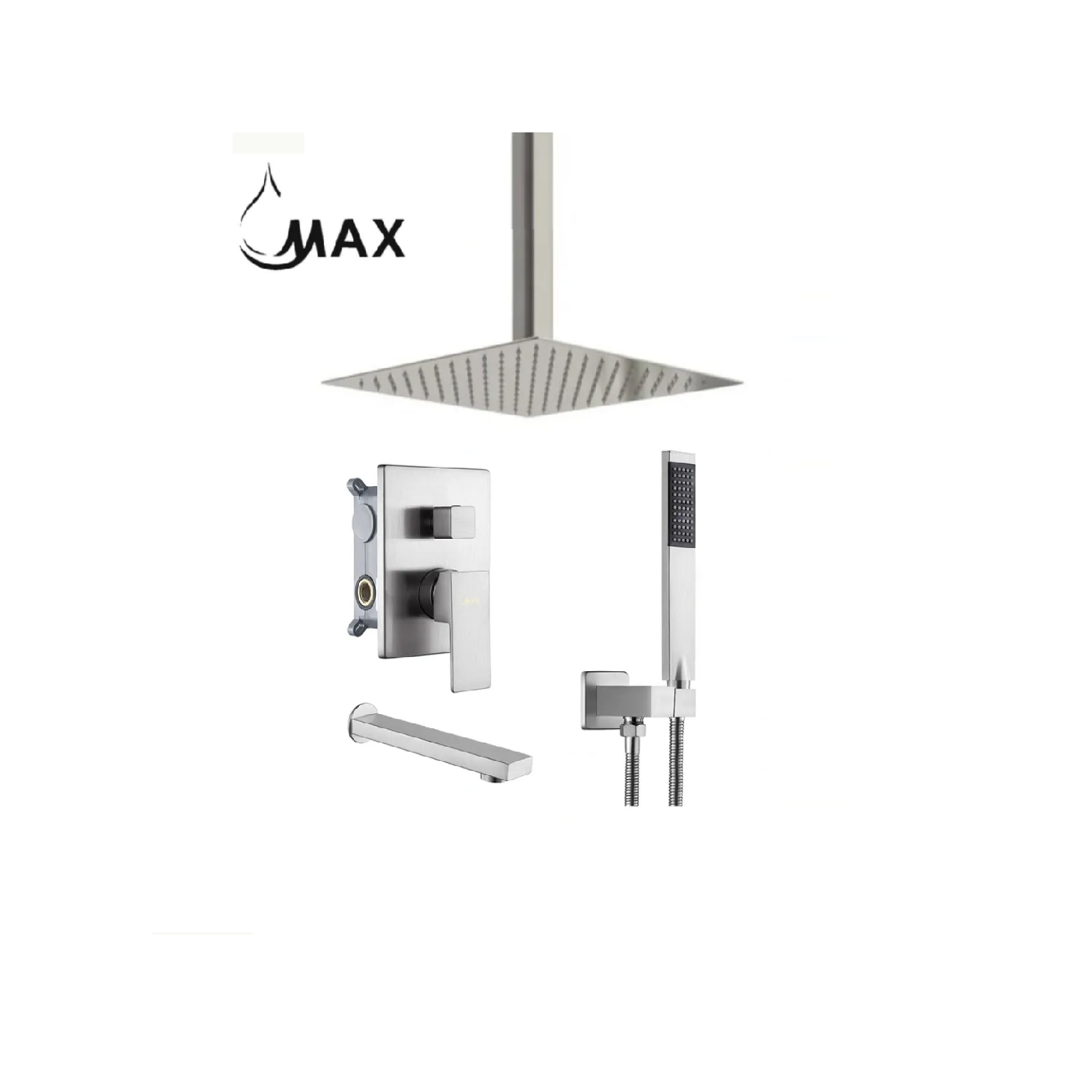 MAX Faucets Brushed Nickel Square Tub Shower System Three Functions With Valve