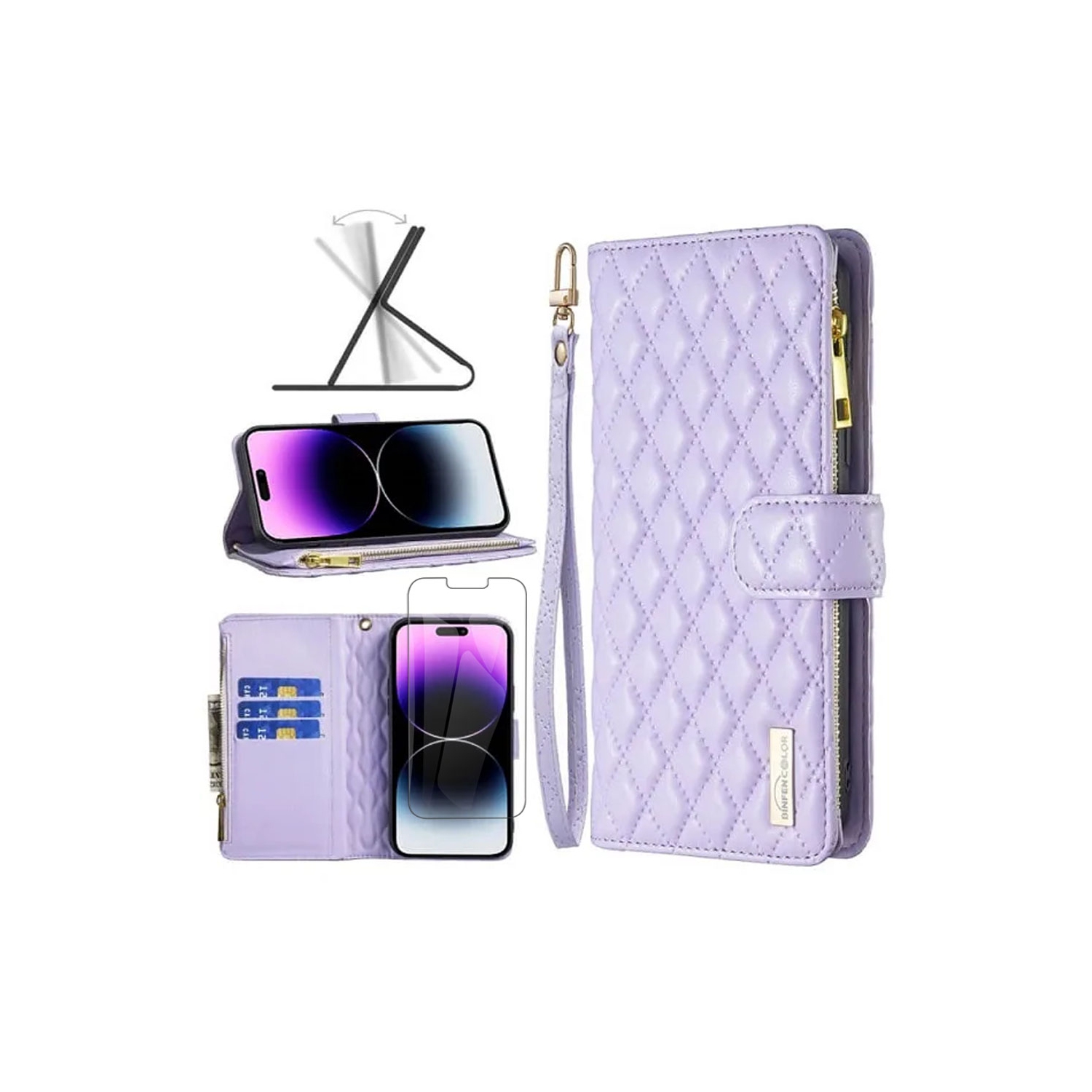 Apple Smart View Diamond Quilted Leather Protective Case Cover For iPhone 13/14 Purple With Free Tempered Glass Screen Protector