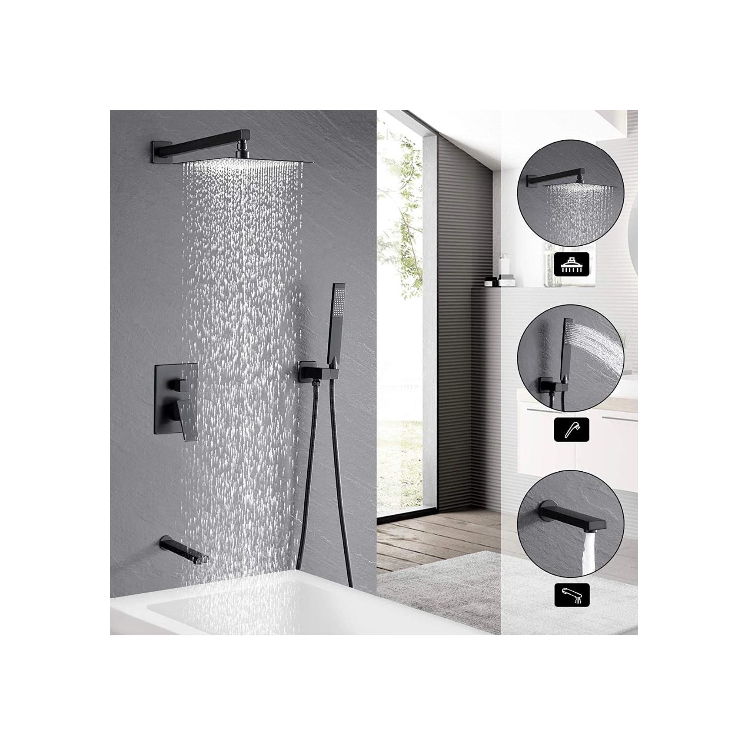 MAX Faucets Square Tub Shower System Three Functions With Valve Matte Black Finish