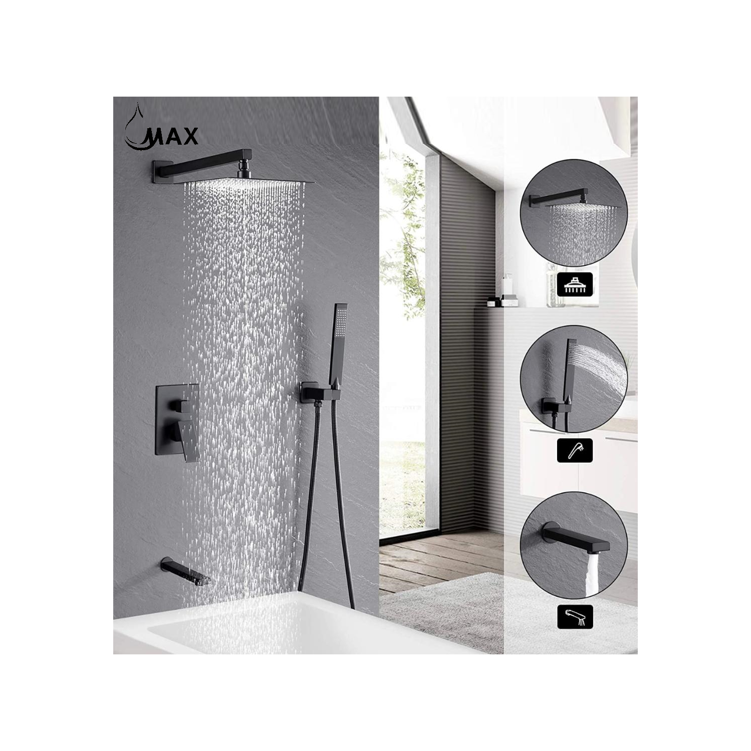 MAX Faucets Square Tub Shower System Three Functions With Valve Matte Black Finish
