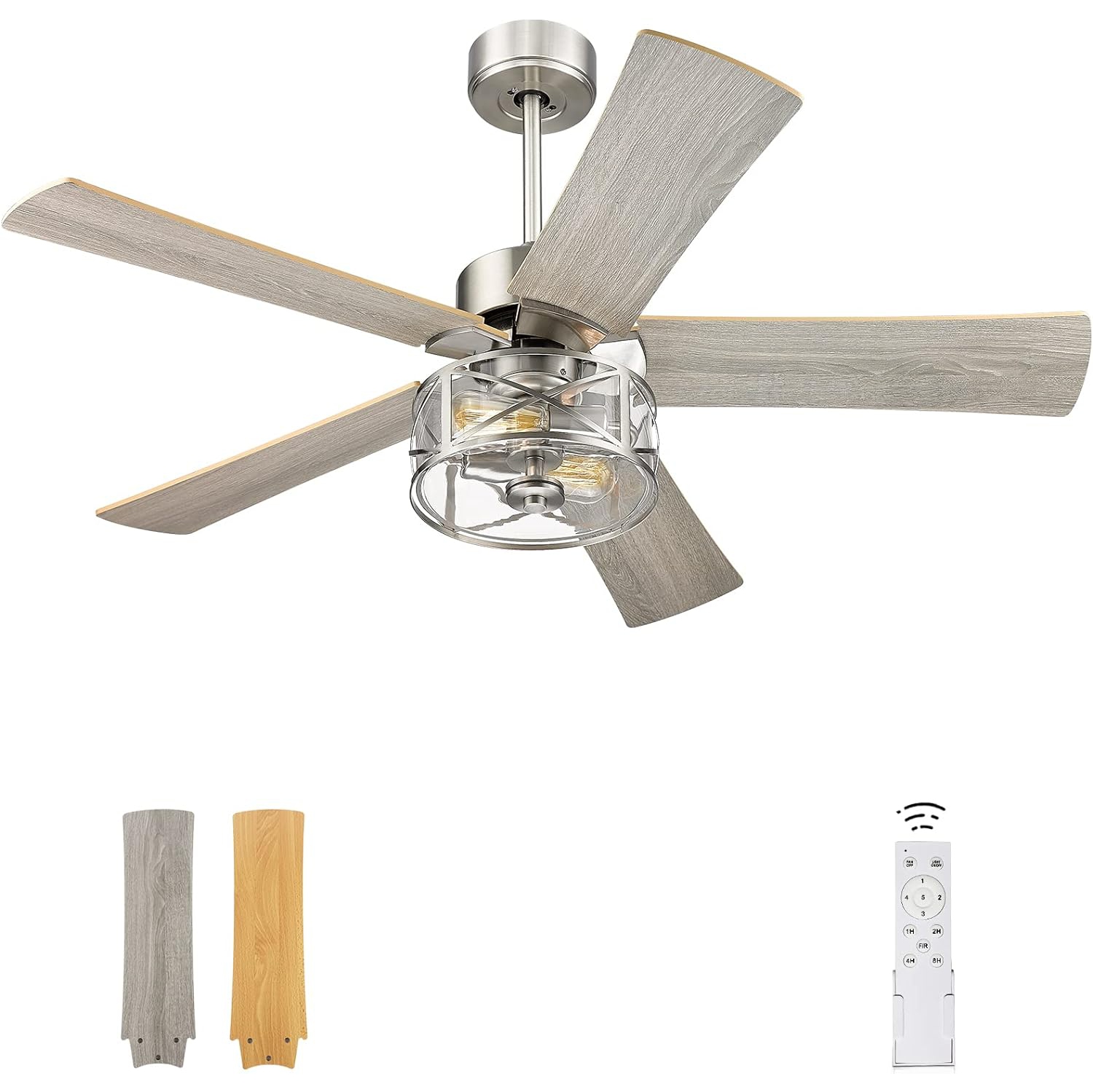 Open Box - YOUKAIN Farmhouse Ceiling Fans, 48 Inch Industrial Ceiling Fan with Light and Remote Control, Clear Glass, 5-Reversible Blades with Gray