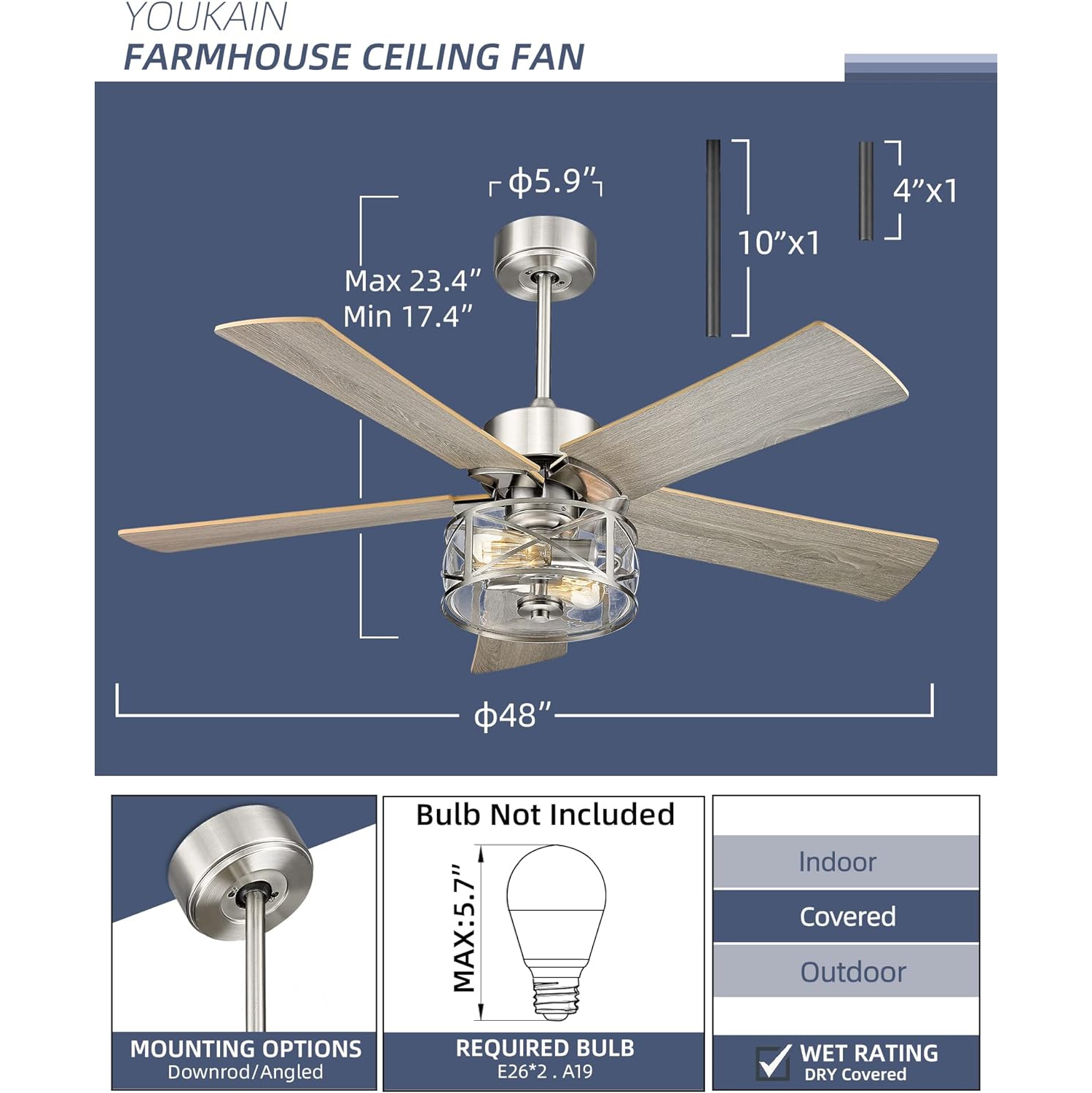 Open Box - YOUKAIN Farmhouse Ceiling Fans, 48 Inch Industrial Ceiling Fan with Light and Remote Control, Clear Glass, 5-Reversible Blades with Gray