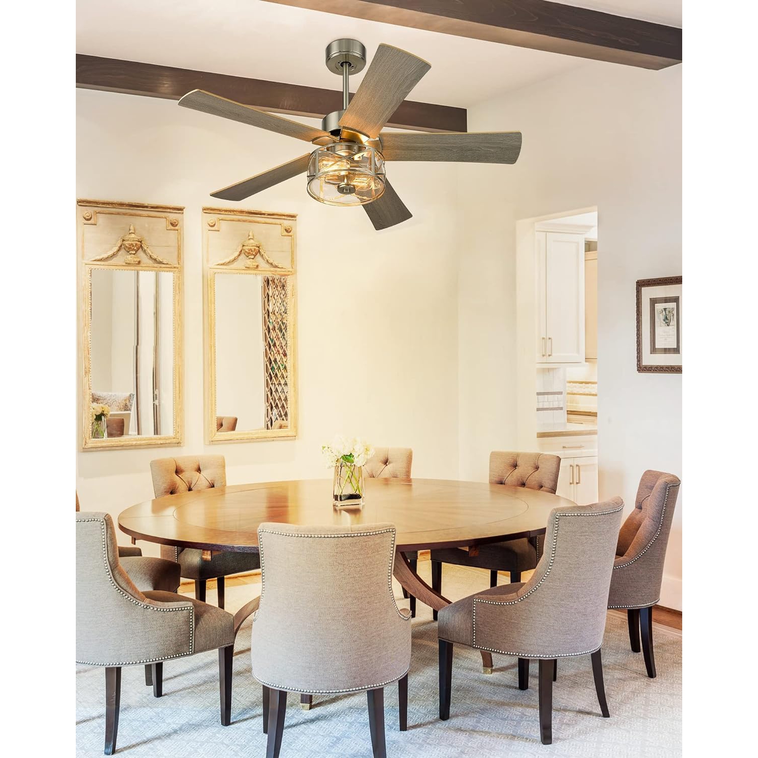 Open Box - YOUKAIN Farmhouse Ceiling Fans, 48 Inch Industrial Ceiling Fan with Light and Remote Control, Clear Glass, 5-Reversible Blades with Gray