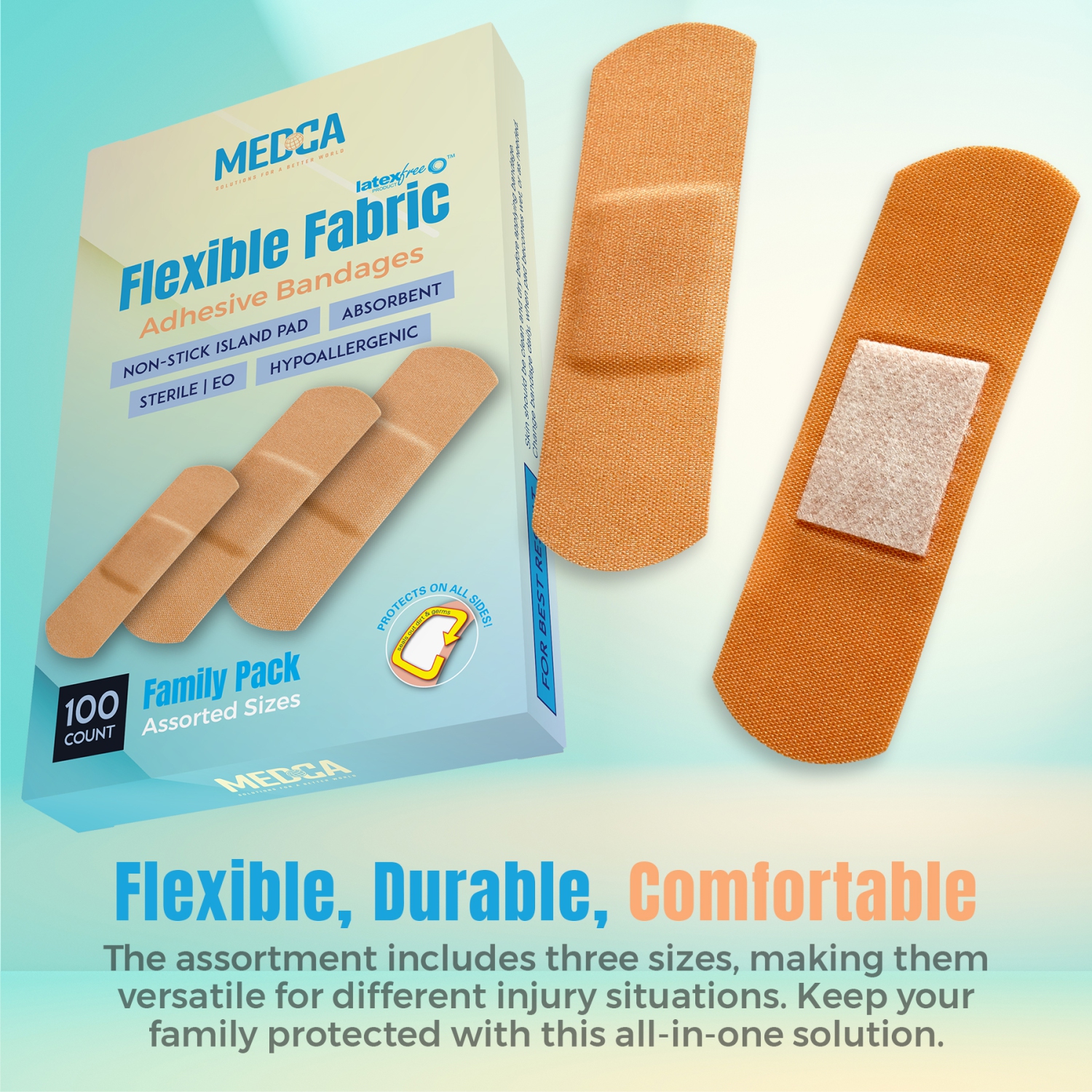 Pansements adhésifs flexibles en tissu pour une grande protection et un soin des petites coupures, éraflures et plaies, tailles variées - 100 unités