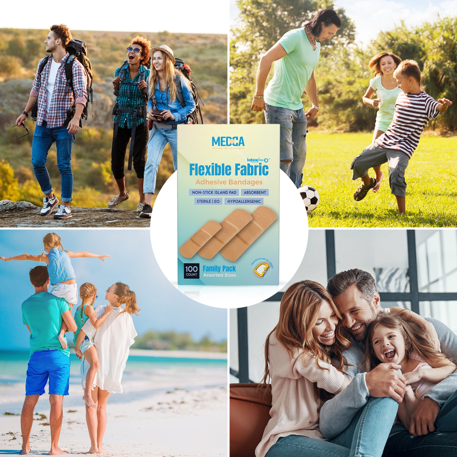 Pansements adhésifs flexibles en tissu pour une grande protection et un soin des petites coupures, éraflures et plaies, tailles variées - 100 unités