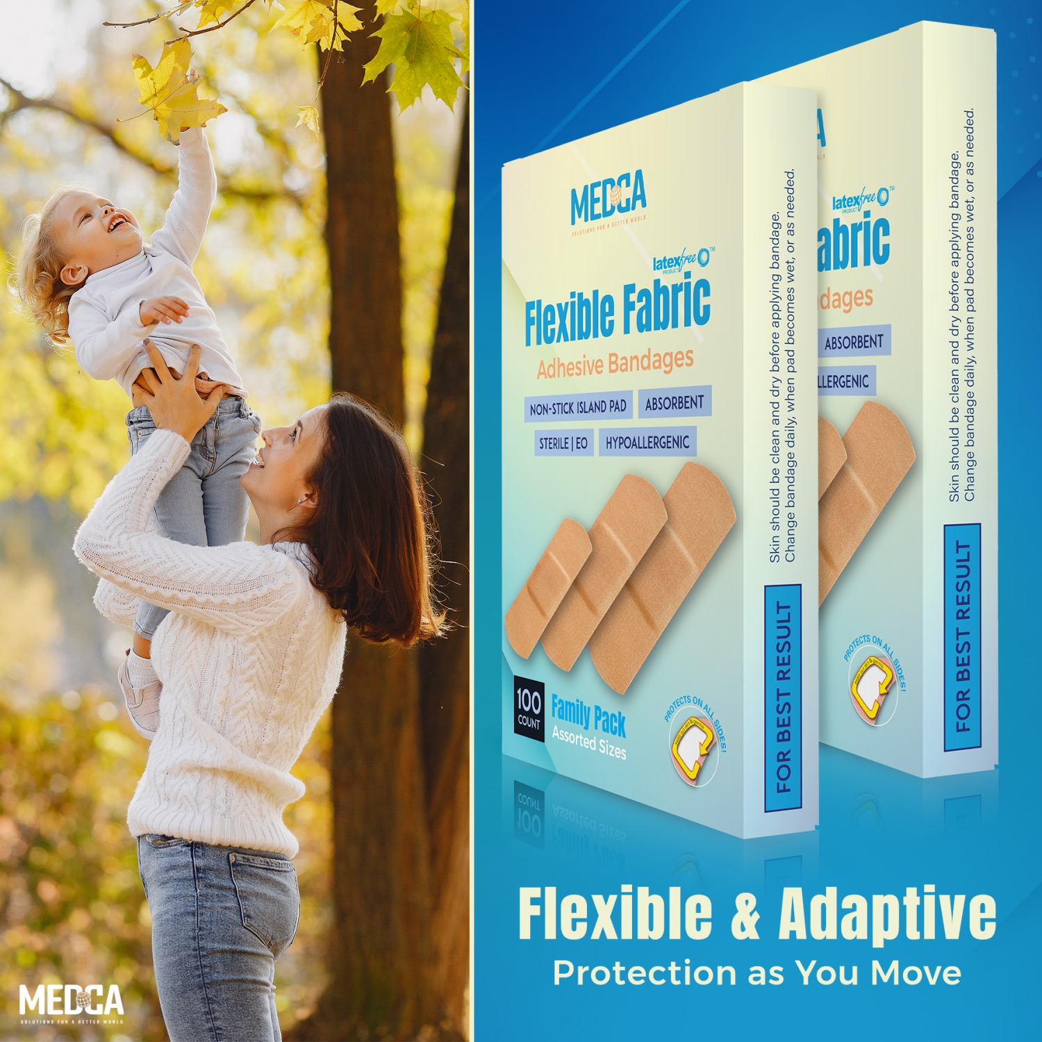 Flexible Fabric Adhesive Bandages for Comfortable Flexible Large Protection & Wound Care of Minor Cuts, Scrapes, & Wounds, Assorted Sizes - Twin Pack