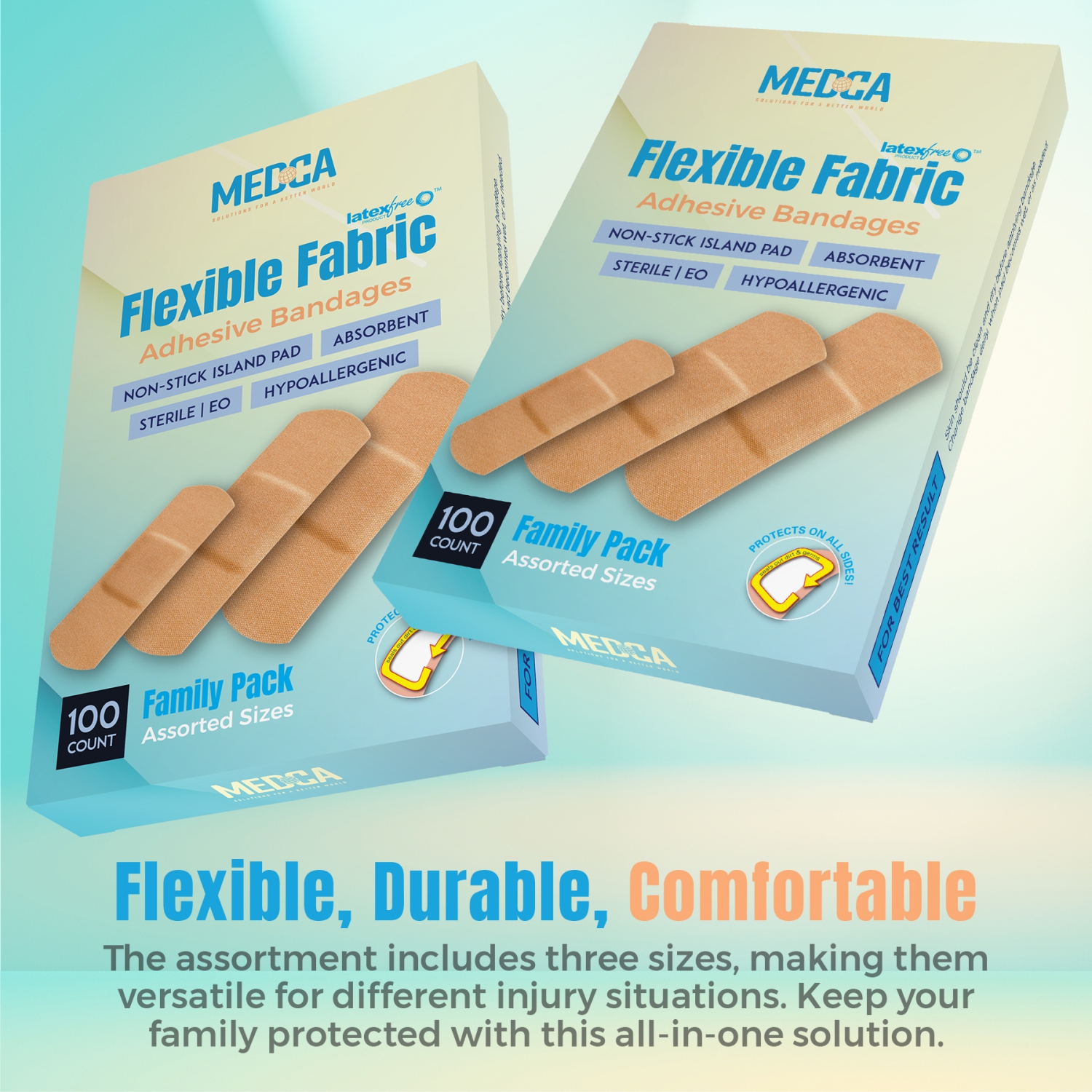 Flexible Fabric Adhesive Bandages for Comfortable Flexible Large Protection & Wound Care of Minor Cuts, Scrapes, & Wounds, Assorted Sizes - Twin Pack