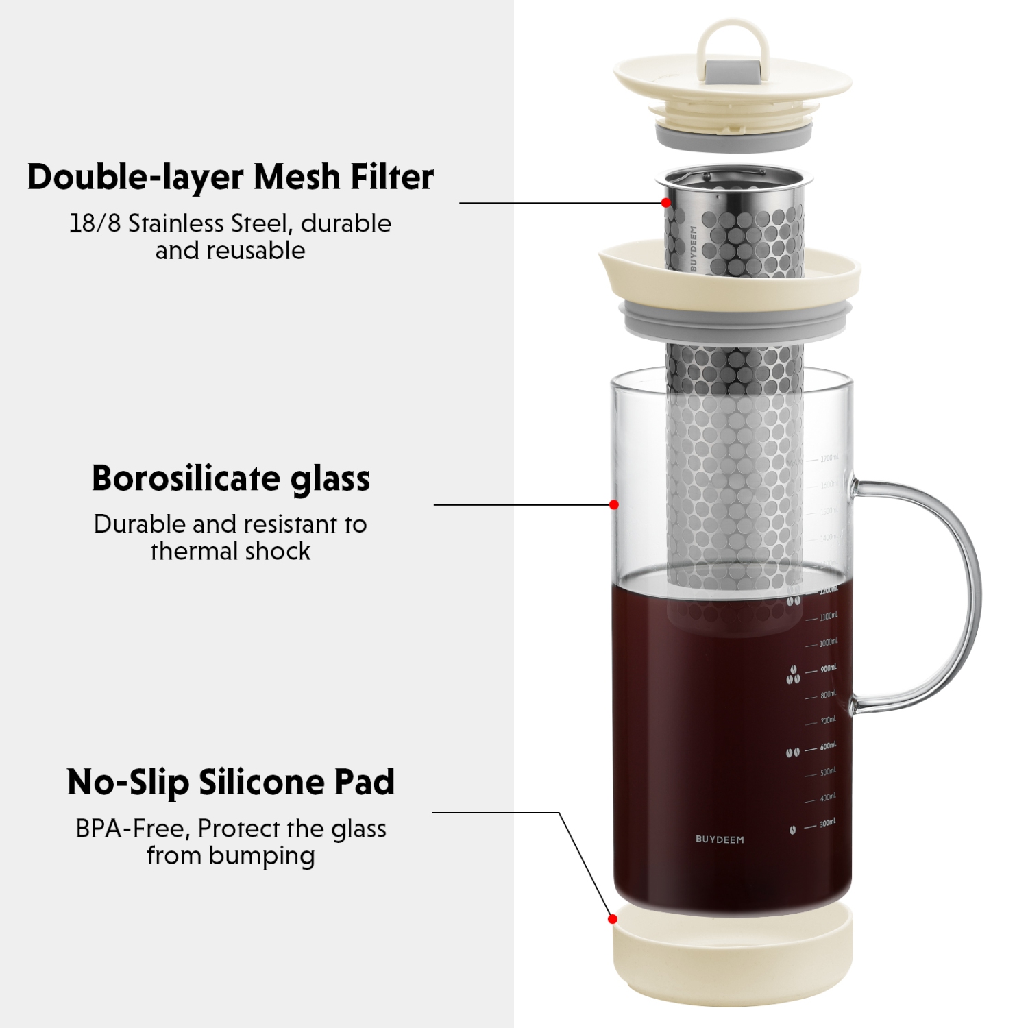 Cafetière et théière à infusion à froid, pichet en verre borosilicaté grande capacité de 57&nbsp;oz avec filtre à mailles amovible en acier