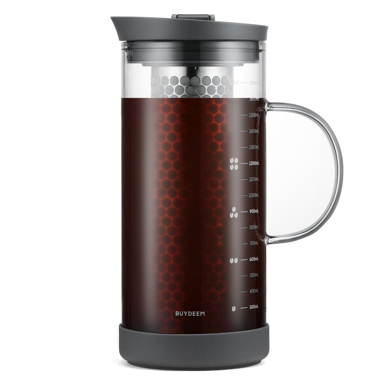 BUYDEEM Cold Brew Coffee and Tea Maker, 57oz Large Capacity Borosilicate Glass Pitcher with and Removable 18/8 Stainless Steel Brewing Mesh Filter, Dishwasher Safe, Ink Grey