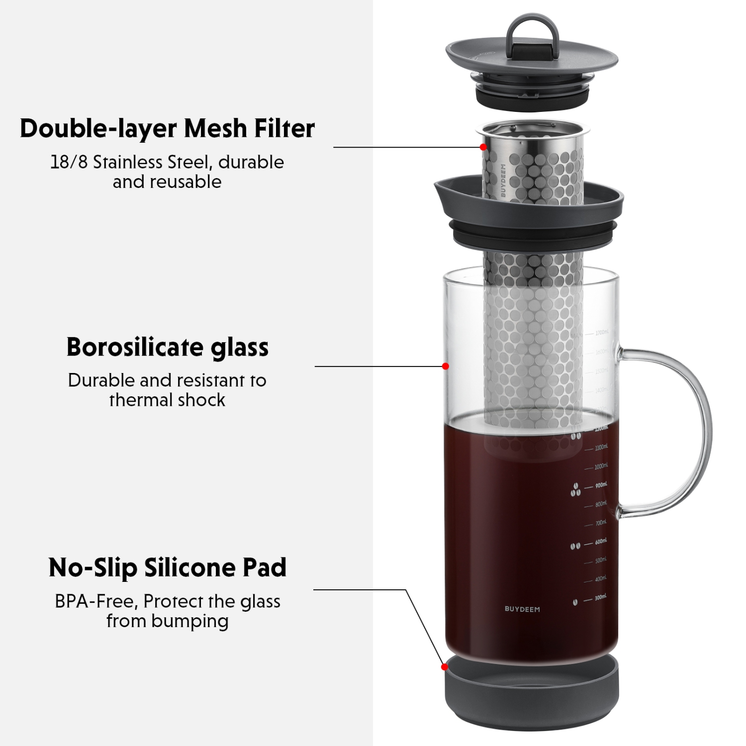 BUYDEEM Cold Brew Coffee and Tea Maker, 57oz Large Capacity Borosilicate Glass Pitcher with and Removable 18/8 Stainless Steel Brewing Mesh Filter,