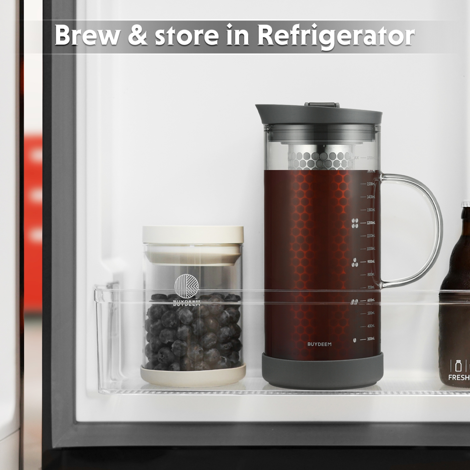 BUYDEEM Cold Brew Coffee and Tea Maker, 57oz Large Capacity Borosilicate Glass Pitcher with and Removable 18/8 Stainless Steel Brewing Mesh Filter,