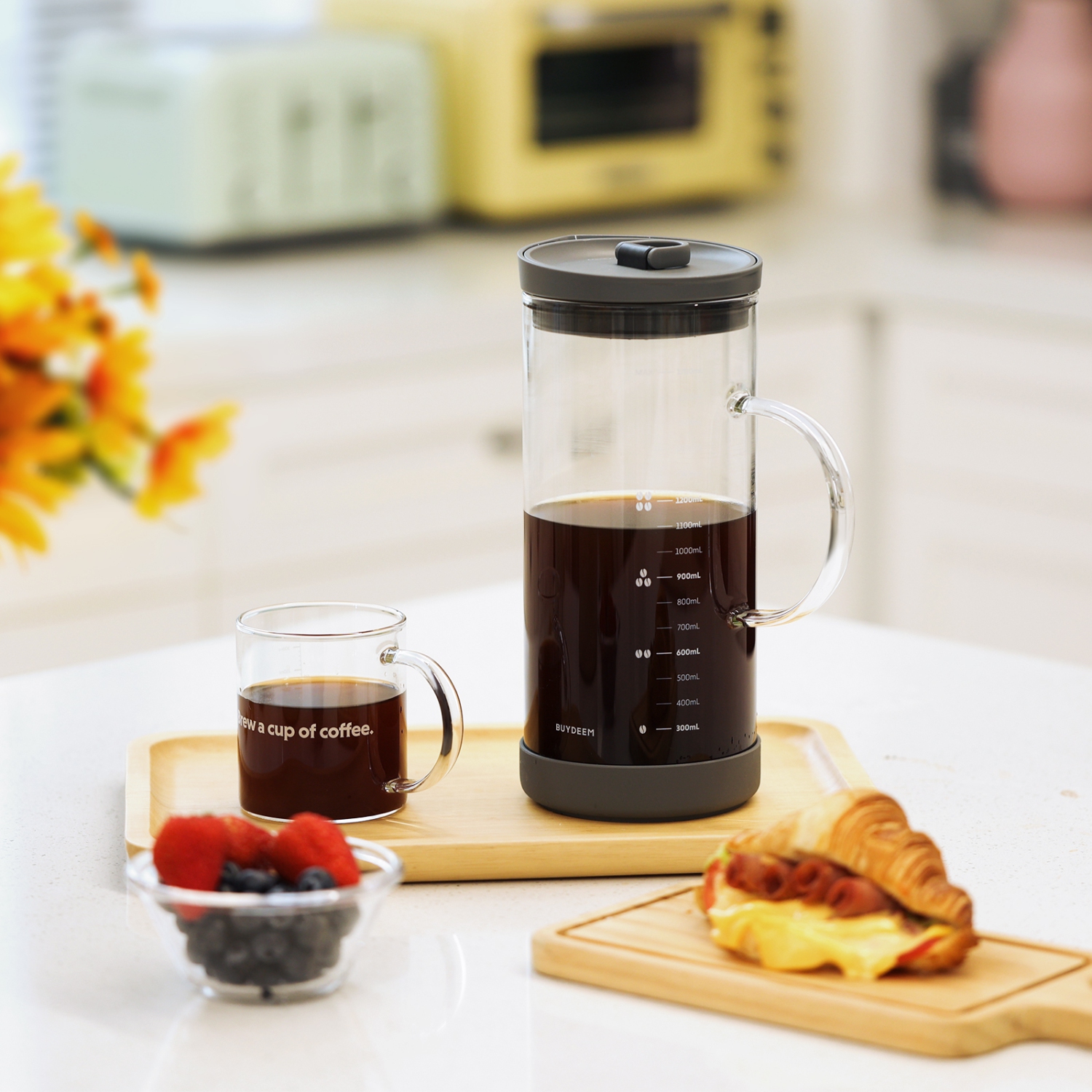 BUYDEEM Cold Brew Coffee and Tea Maker, 57oz Large Capacity Borosilicate Glass Pitcher with and Removable 18/8 Stainless Steel Brewing Mesh Filter,