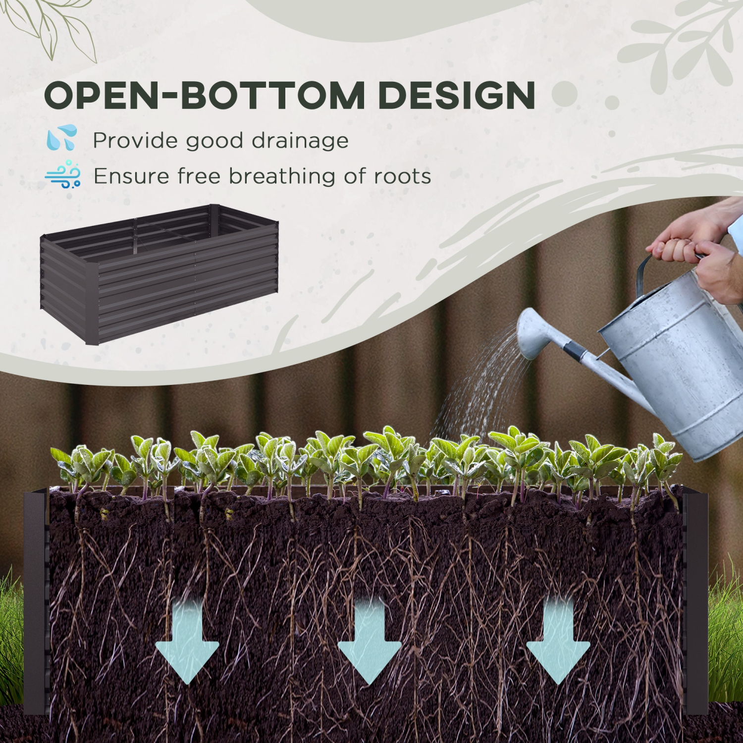 Jardinière surélevée Outsunny, 6 x 3 x 2 pi, jardinières en acier galvanisé pour plantes d'extérieur, tiges multirenforcées pour légumes, fleurs et