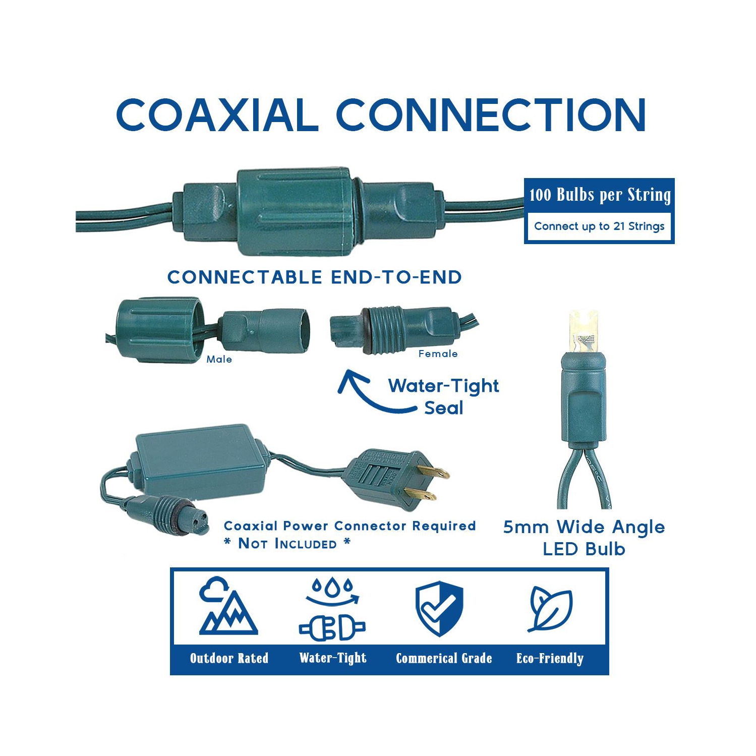 Mini lumières de Noël coaxiales 50&nbsp;pi 100 LED sur fil vert, espacement de 6&nbsp;po, guirlande de lumières de Noël intérieure/extérieure de