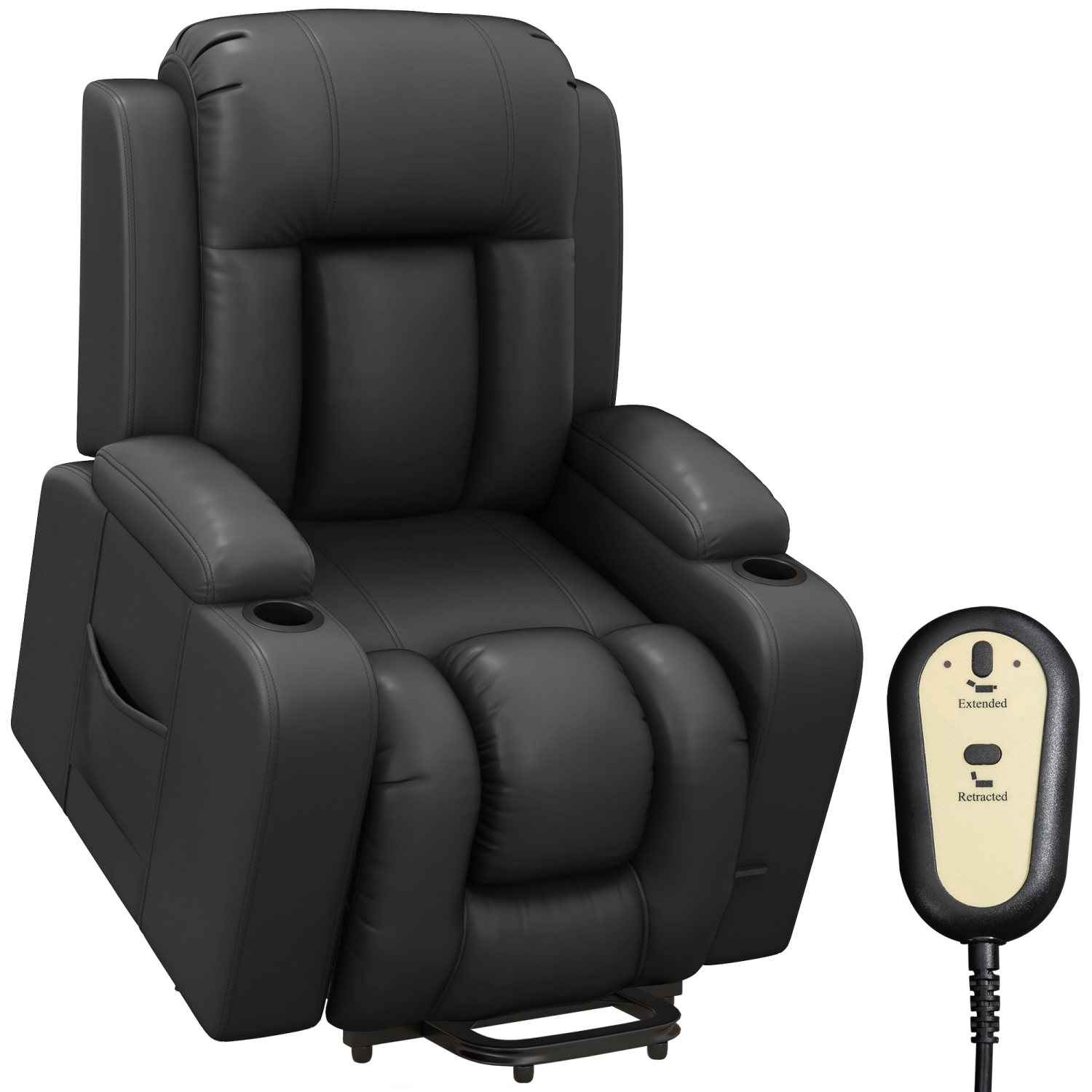 HOMCOM Electric Power Lift Chair, PU Leather Recliner Sofa with Footrest, Remote Control and Cup Holders, Grey