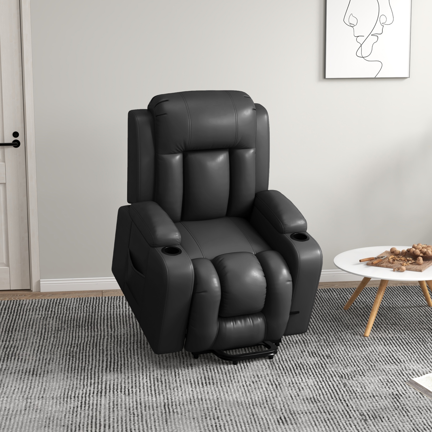 HOMCOM Electric Power Lift Chair for Elderly, PU Leather Recliner Chair with Footrest, Remote Control, Side Pockets and Cup Holders for Living Room,