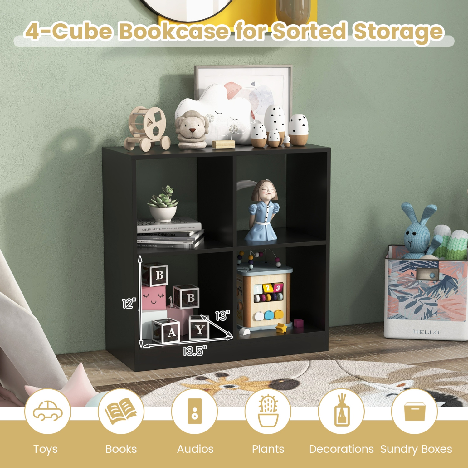 Topbuy 4-Cube Bookcase Floor Open Wooden Bookshelf with 2 Anti-Tipping Kits Modern Shelving Organizer Multipurpose Storage Cabinet Display Shelf