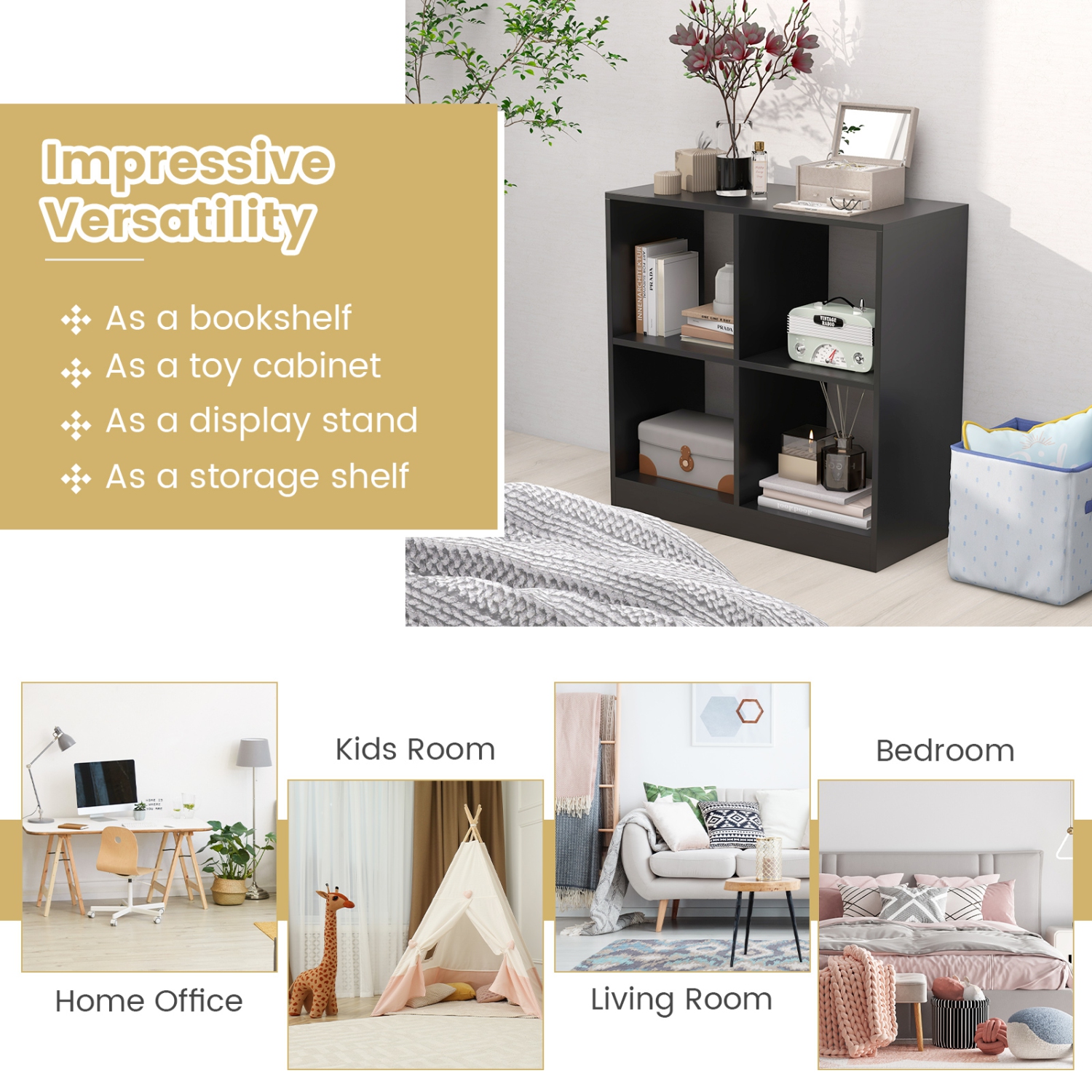 Topbuy 4-Cube Bookcase Floor Open Wooden Bookshelf with 2 Anti-Tipping Kits Modern Shelving Organizer Multipurpose Storage Cabinet Display Shelf