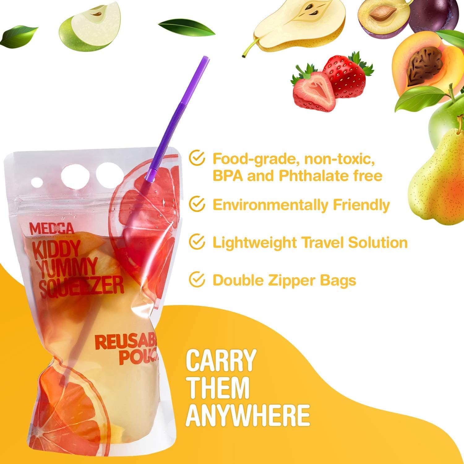 Reusable Drink Pouches - 50 Clear Drink Bags with 50 Straws - Double Zipper Reusable Smoothie Pouches Juice, Clear Zipper Pouch Storage Bags,