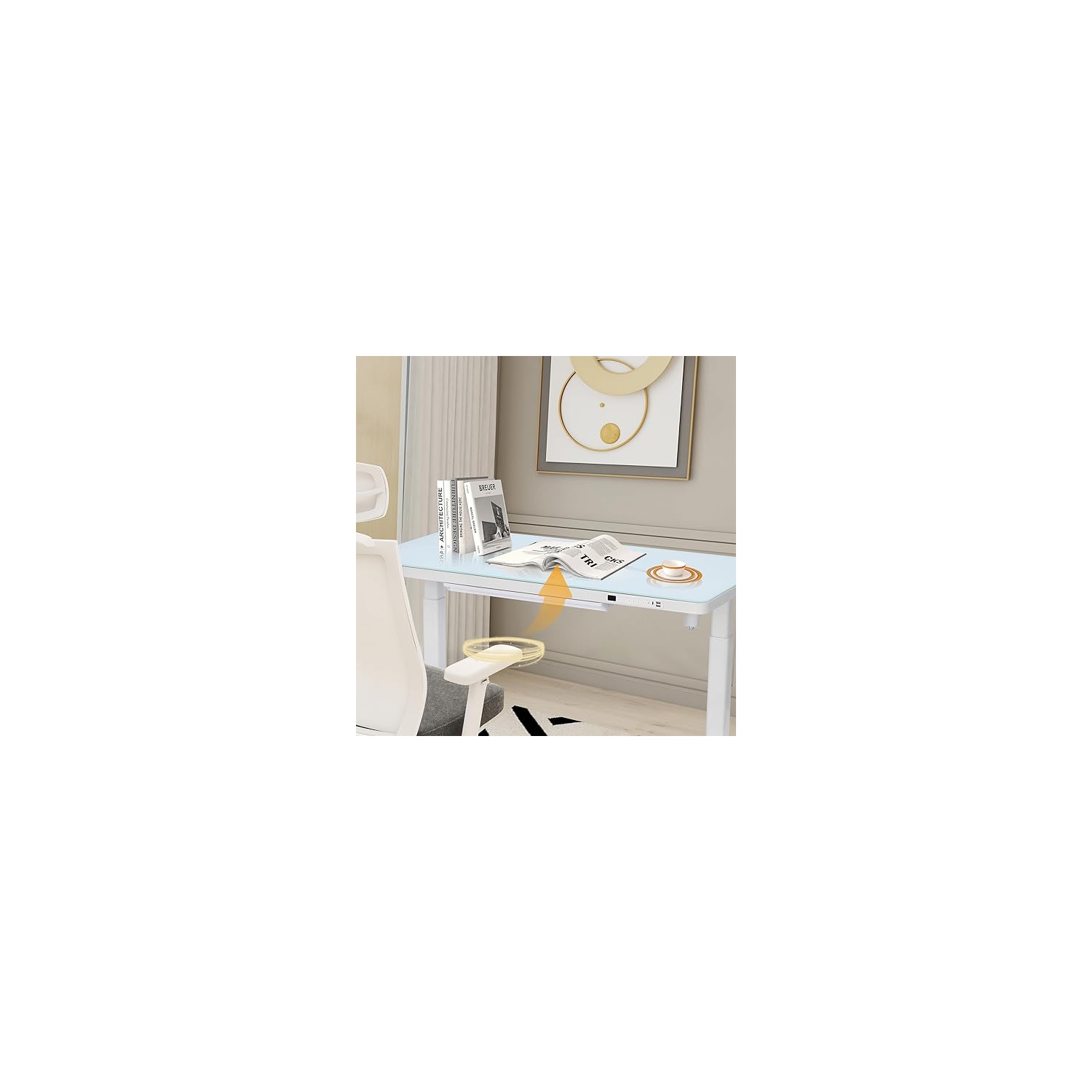 Bureau debout/assis électrique à hauteur réglable Rise Up d'Uncaged Ergonomics (dessus en verre blanc/cadre blanc)