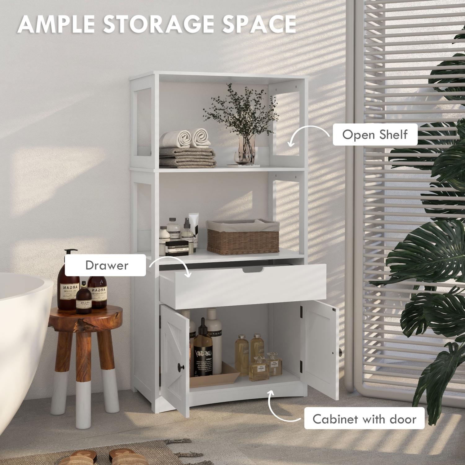 kleankin Bathroom Cabinet, Modern Bathroom Storage Cabinet, Linen Cabinet with Barn Doors, Drawer and 2 Open Shelves, White