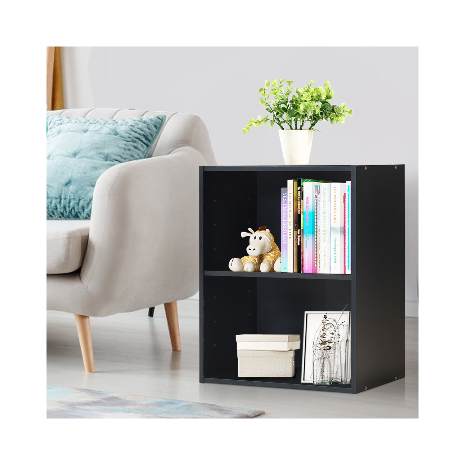 Topbuy 2-Tier Storage Night Stand Open Display Shelf MDF End Table Black