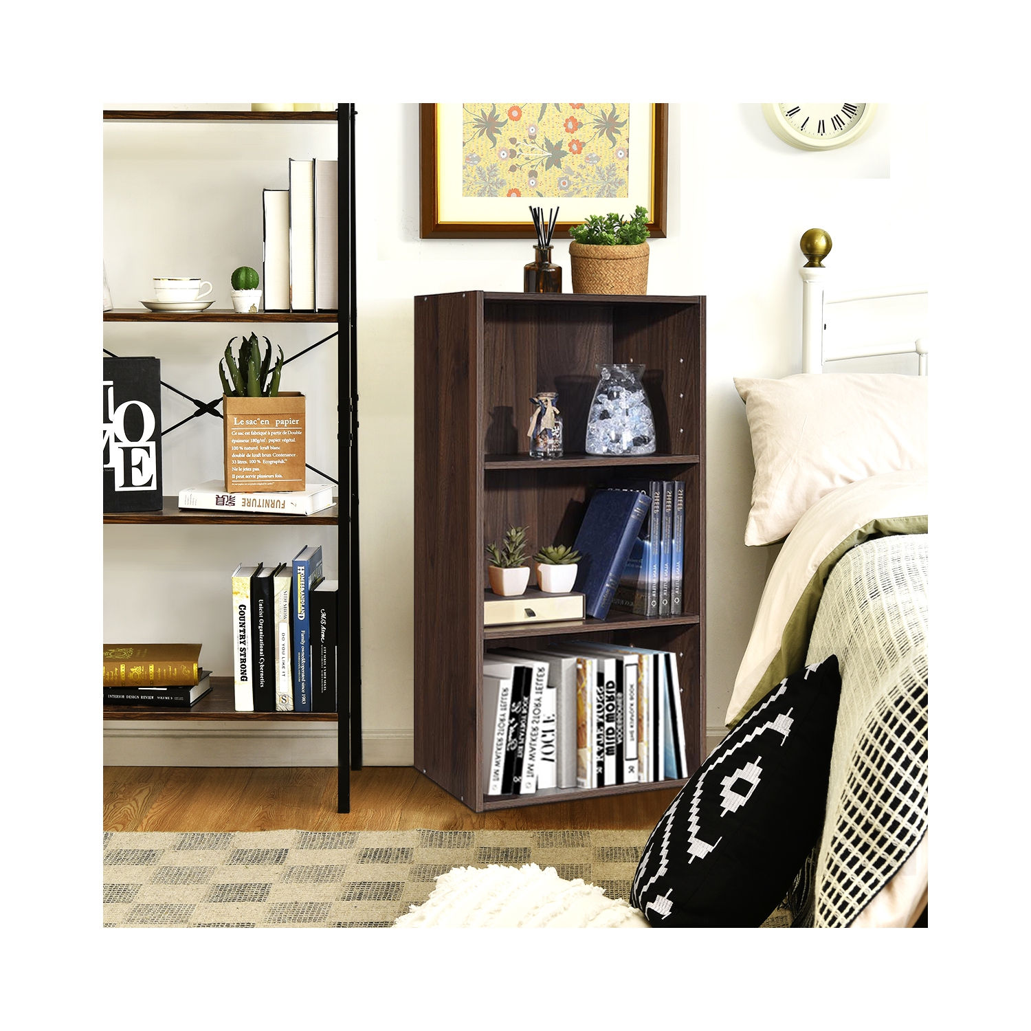 Topbuy – Armoire de rangement à 3 niveaux, présentoir multifonction, bibliothèque ouverte, MDF, café