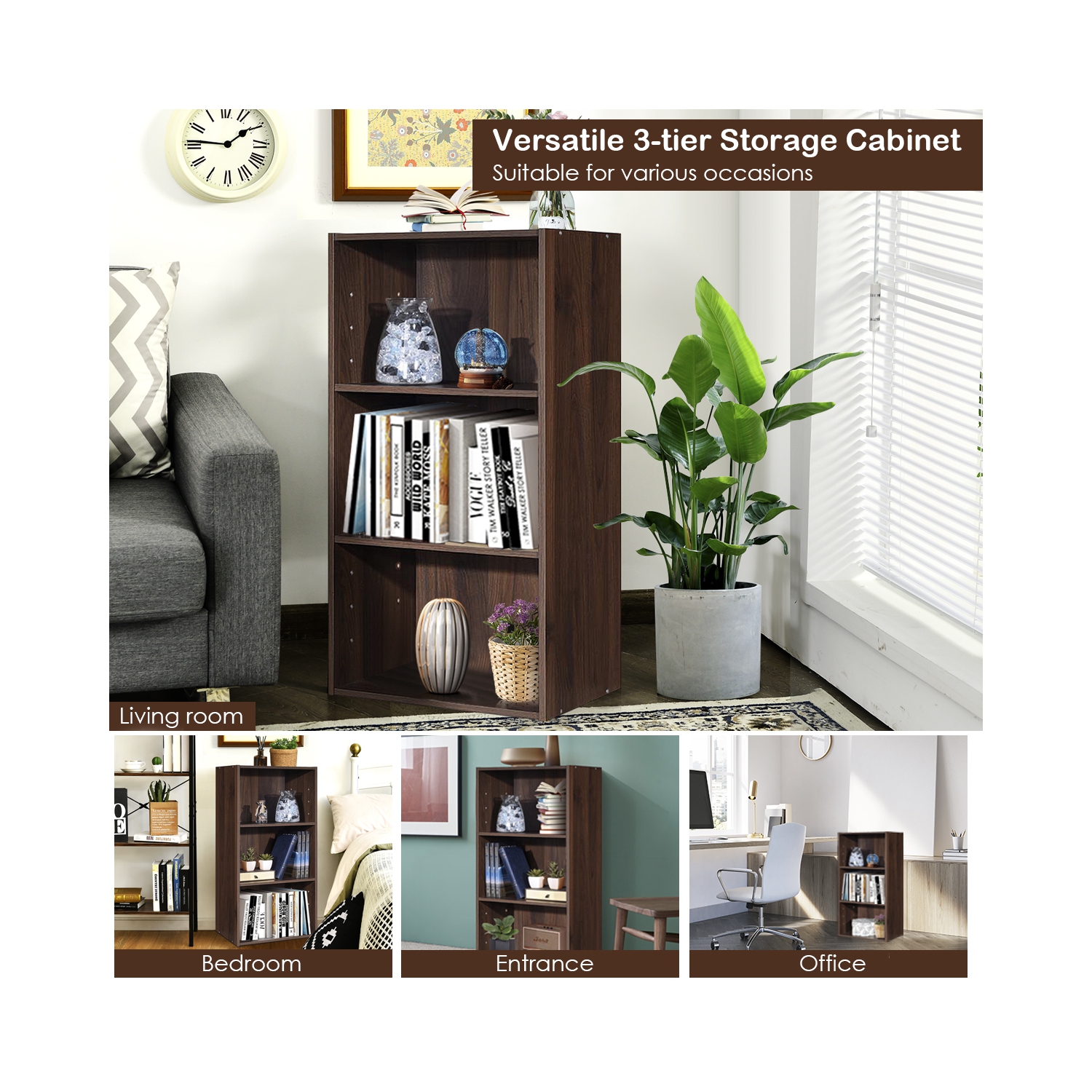 Topbuy – Armoire de rangement à 3 niveaux, présentoir multifonction, bibliothèque ouverte, MDF, café