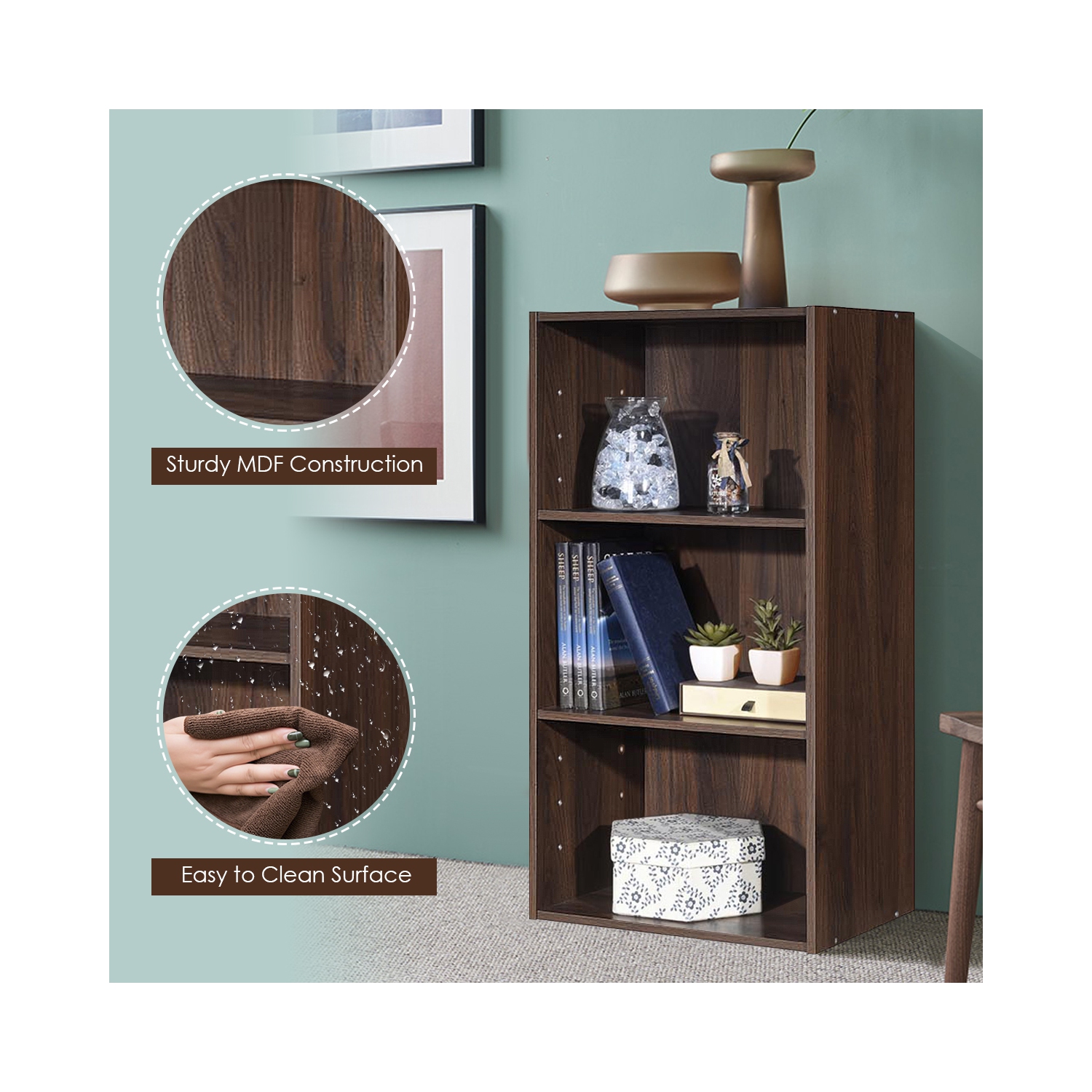 Topbuy – Armoire de rangement à 3 niveaux, présentoir multifonction, bibliothèque ouverte, MDF, café