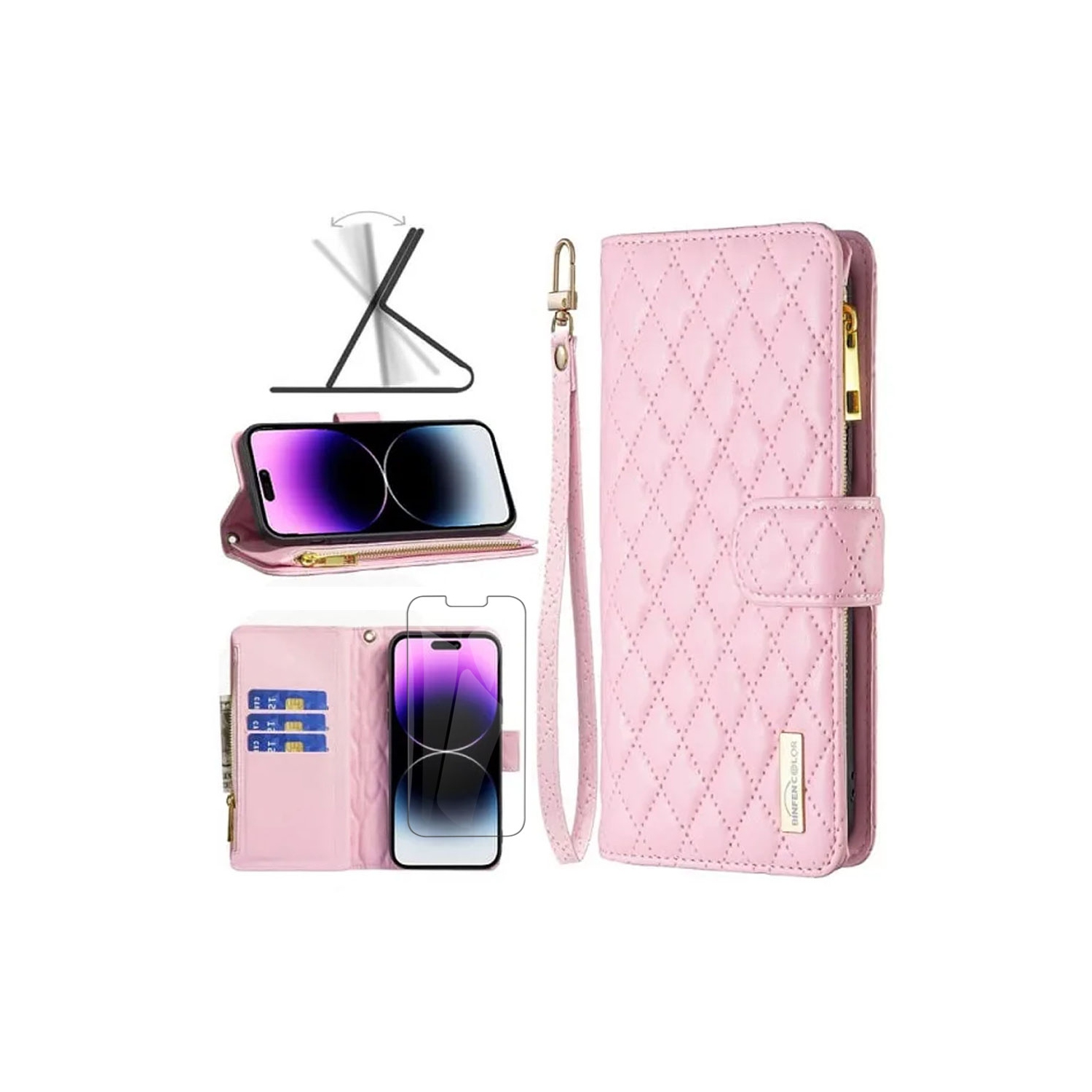 Étui protecteur cuir matelassé Smart View Diamond d'Apple pour iPhone 13/14 rose doré et protecteur d'écran en verre trempé gratuit