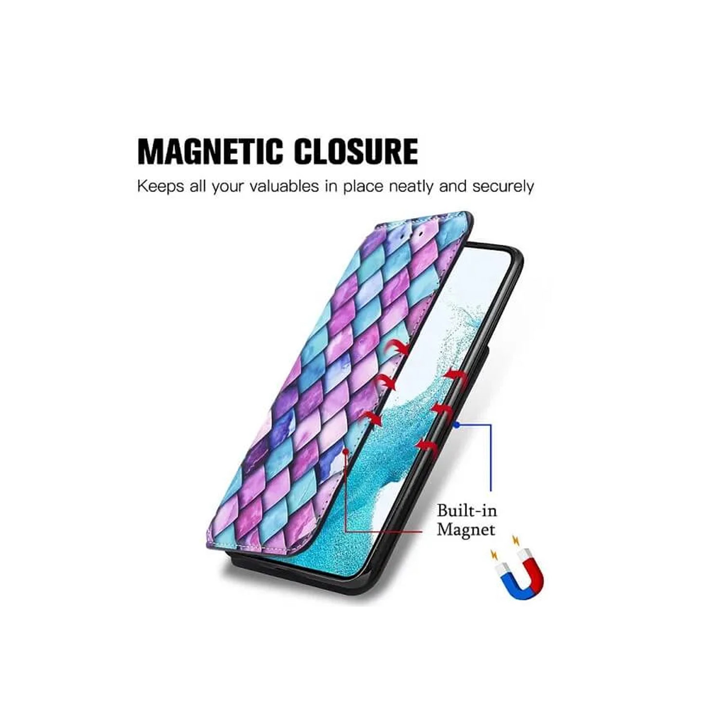 CaseNeo pour Samsung Galaxy S23 5G Étui portefeuille en cuir à rabat avec blocage RFID fentes pour cartes de crédit – écailles violettes et