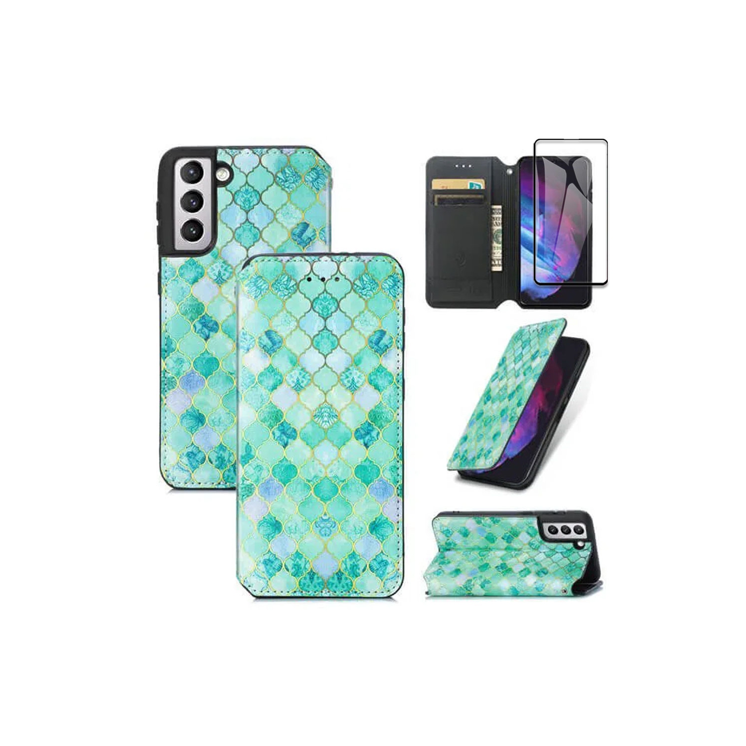 CaseNeo pour Samsung Galaxy S23 5G Étui portefeuille en cuir avec protection RFID fentes pour cartes de crédit – Émeraude avec protecteur d'écran en