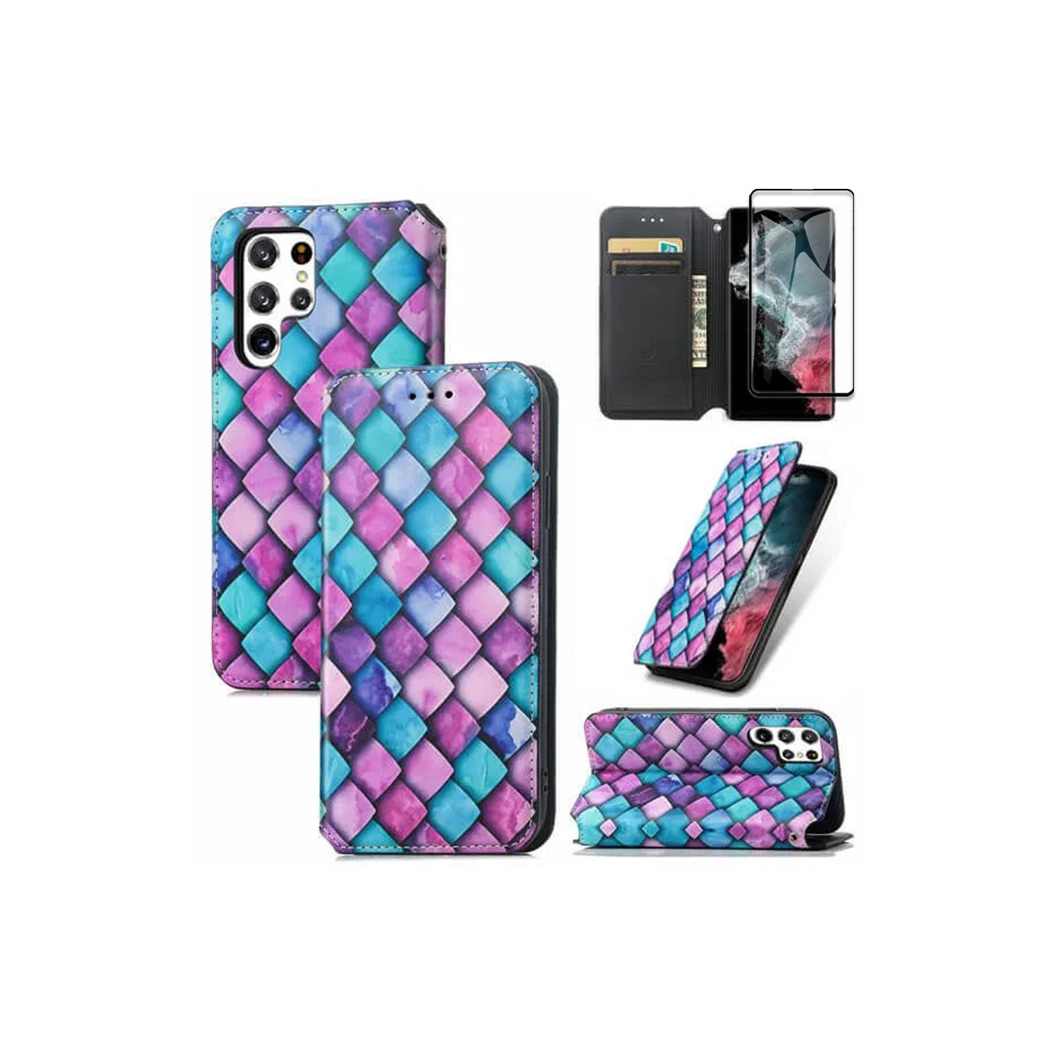 CaseNeo For Samsung Galaxy S23 Ultra Leather Wallet Flip Case With RFID Blocking Credit Card Holder Slots Cover – Purple Scales With Free Tempered