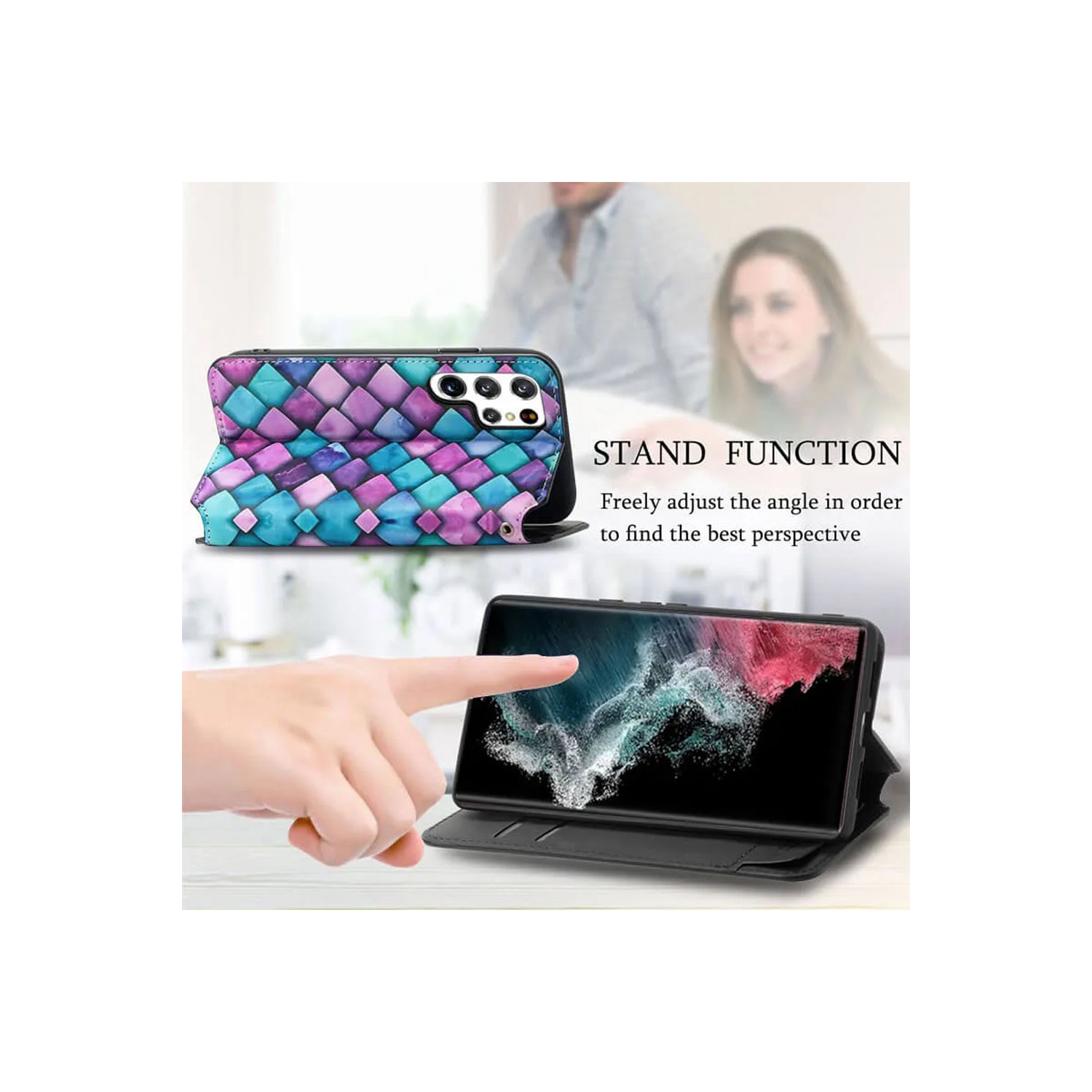 CaseNeo For Samsung Galaxy S23 Ultra Leather Wallet Flip Case With RFID Blocking Credit Card Holder Slots Cover – Purple Scales With Free Tempered