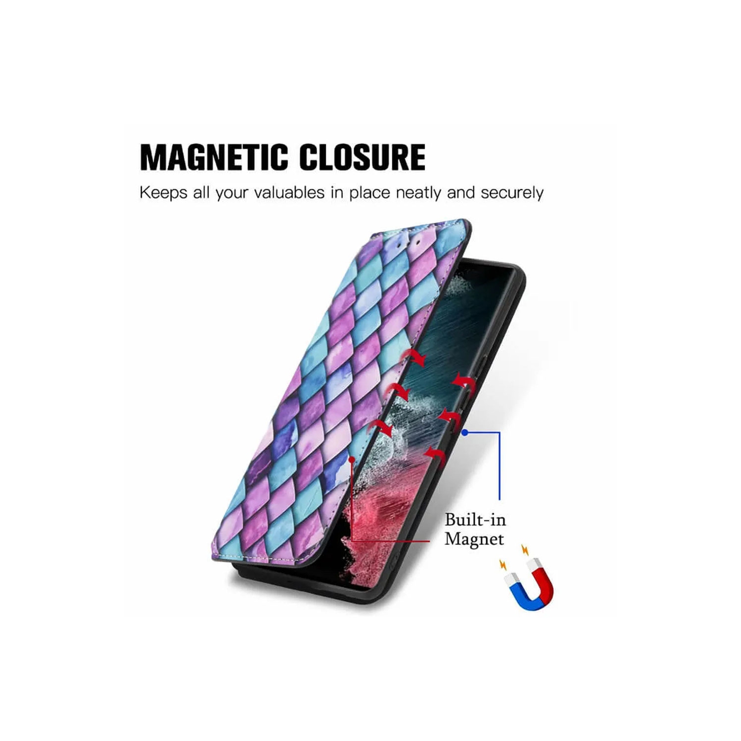 CaseNeo For Samsung Galaxy S23 Ultra Leather Wallet Flip Case With RFID Blocking Credit Card Holder Slots Cover – Purple Scales With Free Tempered