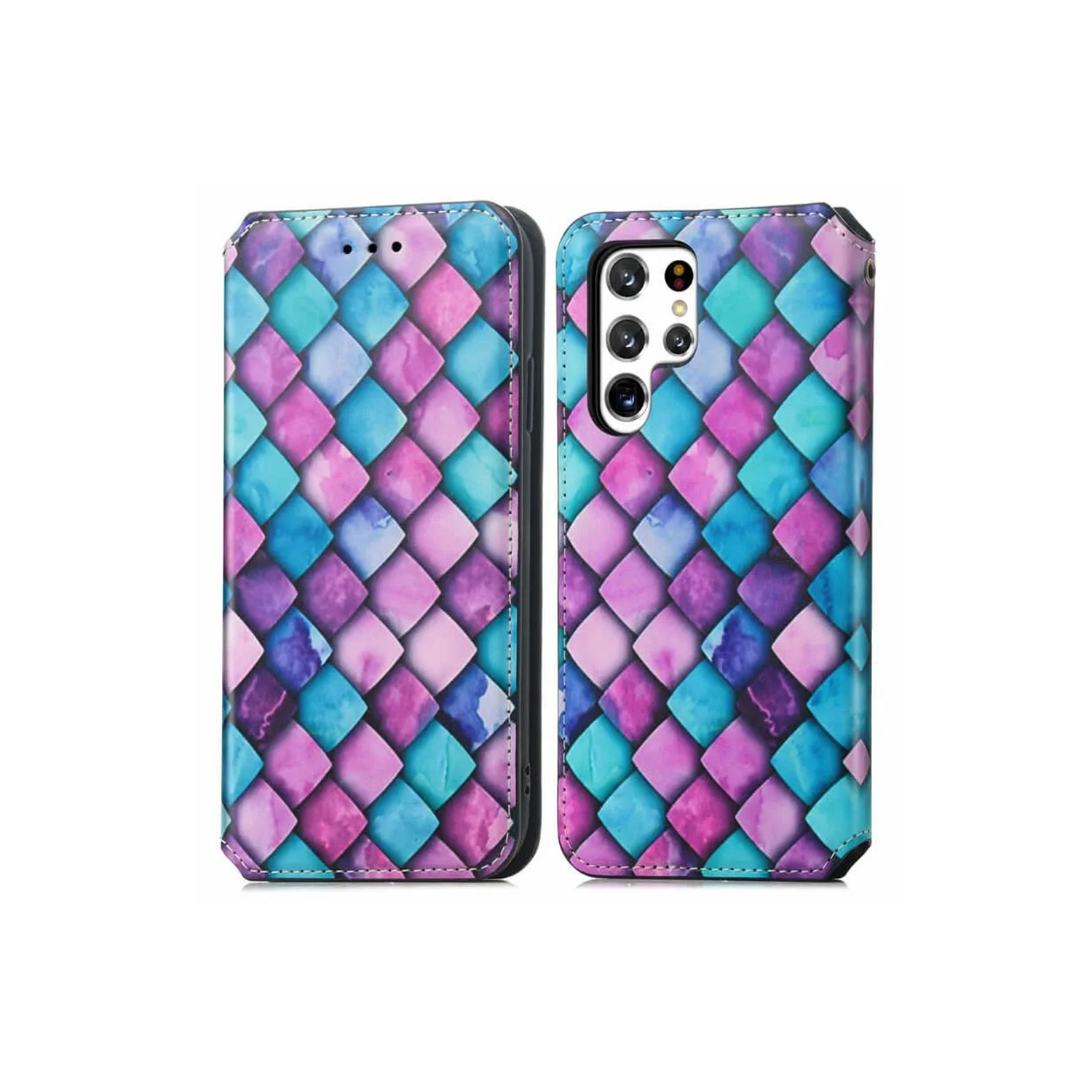 CaseNeo For Samsung Galaxy S23 Ultra Leather Wallet Flip Case With RFID Blocking Credit Card Holder Slots Cover – Purple Scales With Free Tempered