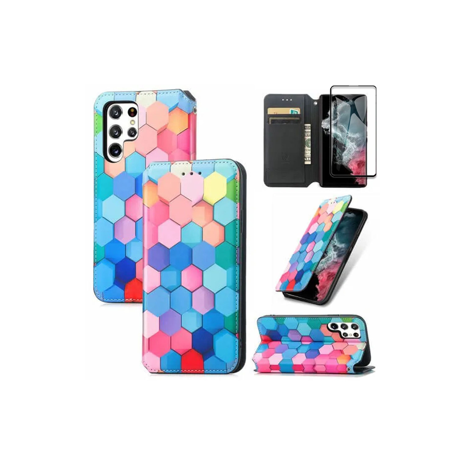 CaseNeo For Samsung Galaxy S23 Ultra Leather Wallet Flip Case With RFID Blocking Credit Card Holder Slots Cover – Colored Squares Scales With Free