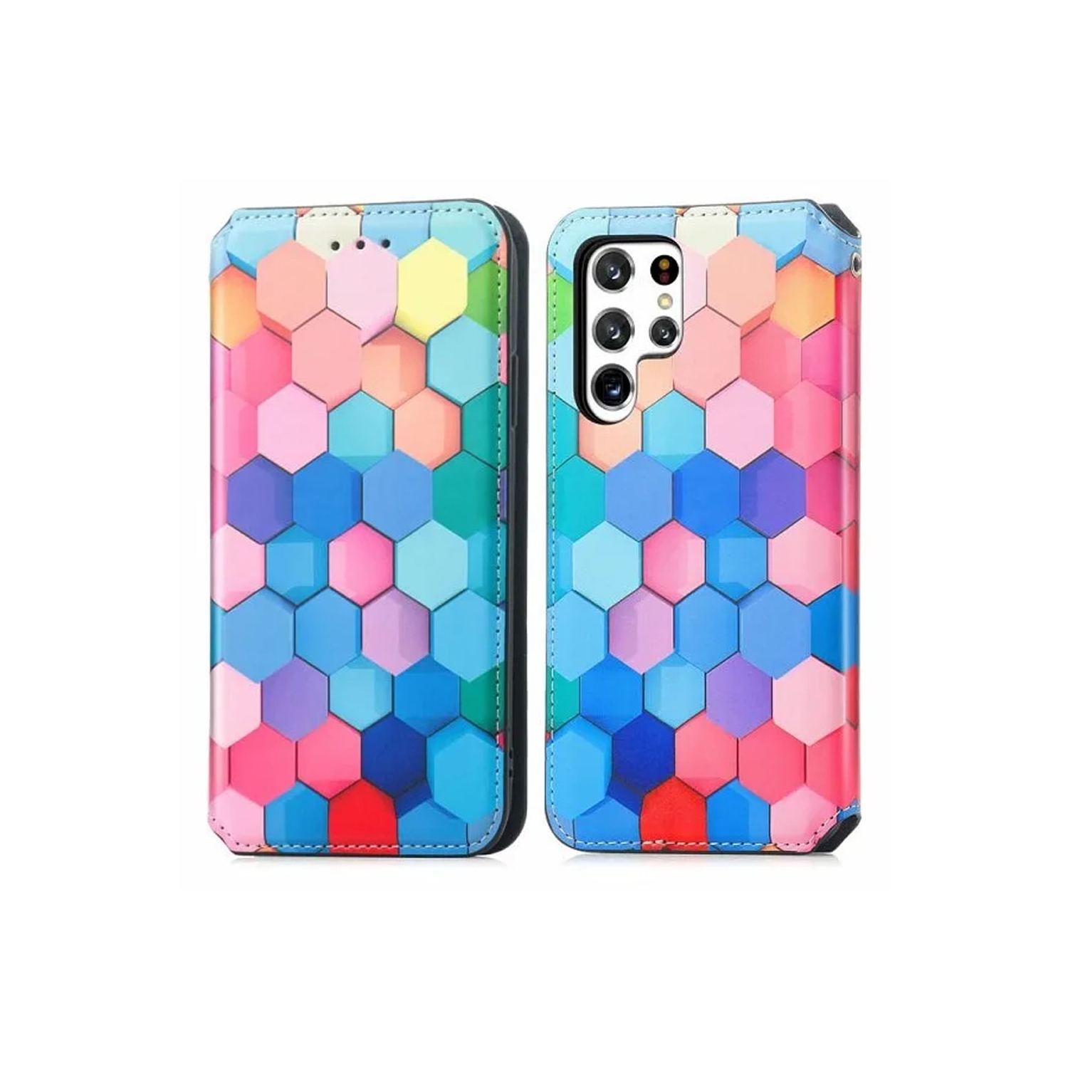 CaseNeo For Samsung Galaxy S23 Ultra Leather Wallet Flip Case With RFID Blocking Credit Card Holder Slots Cover – Colored Squares Scales With Free