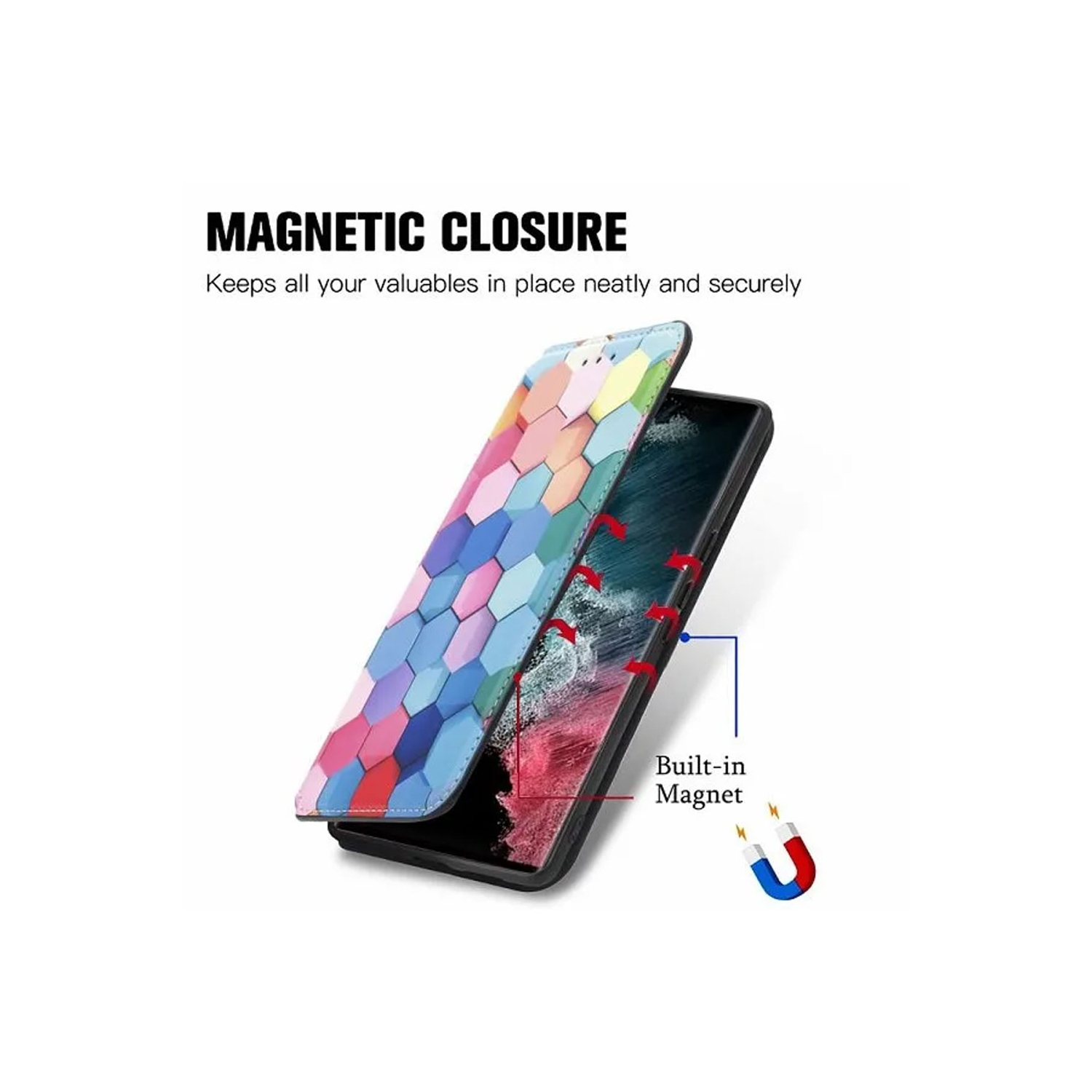 CaseNeo For Samsung Galaxy S23 Ultra Leather Wallet Flip Case With RFID Blocking Credit Card Holder Slots Cover – Colored Squares Scales With Free