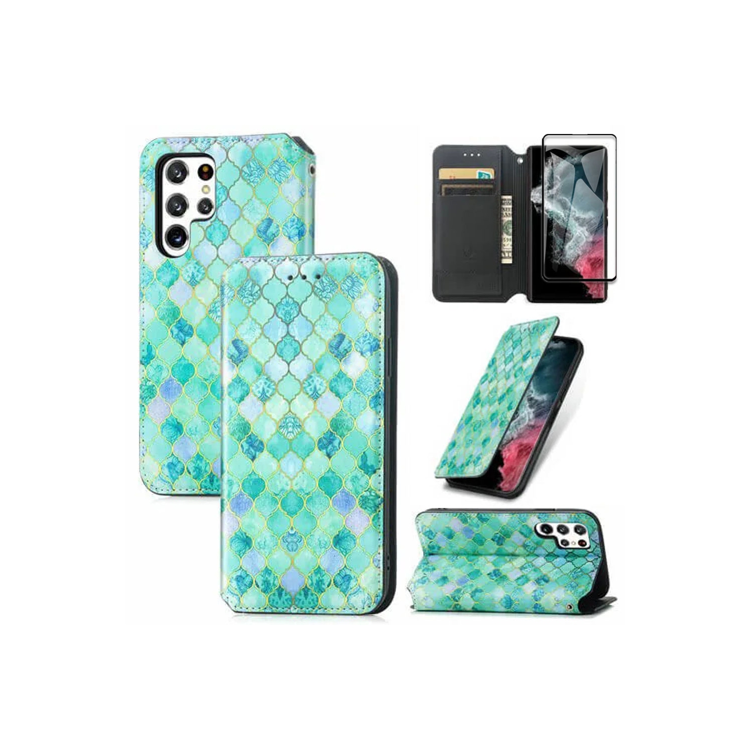 CaseNeo For Samsung Galaxy S23 Ultra Leather Wallet Flip Case With RFID Blocking Credit Card Holder Slots Cover – Emerald With Free Tempered Glass