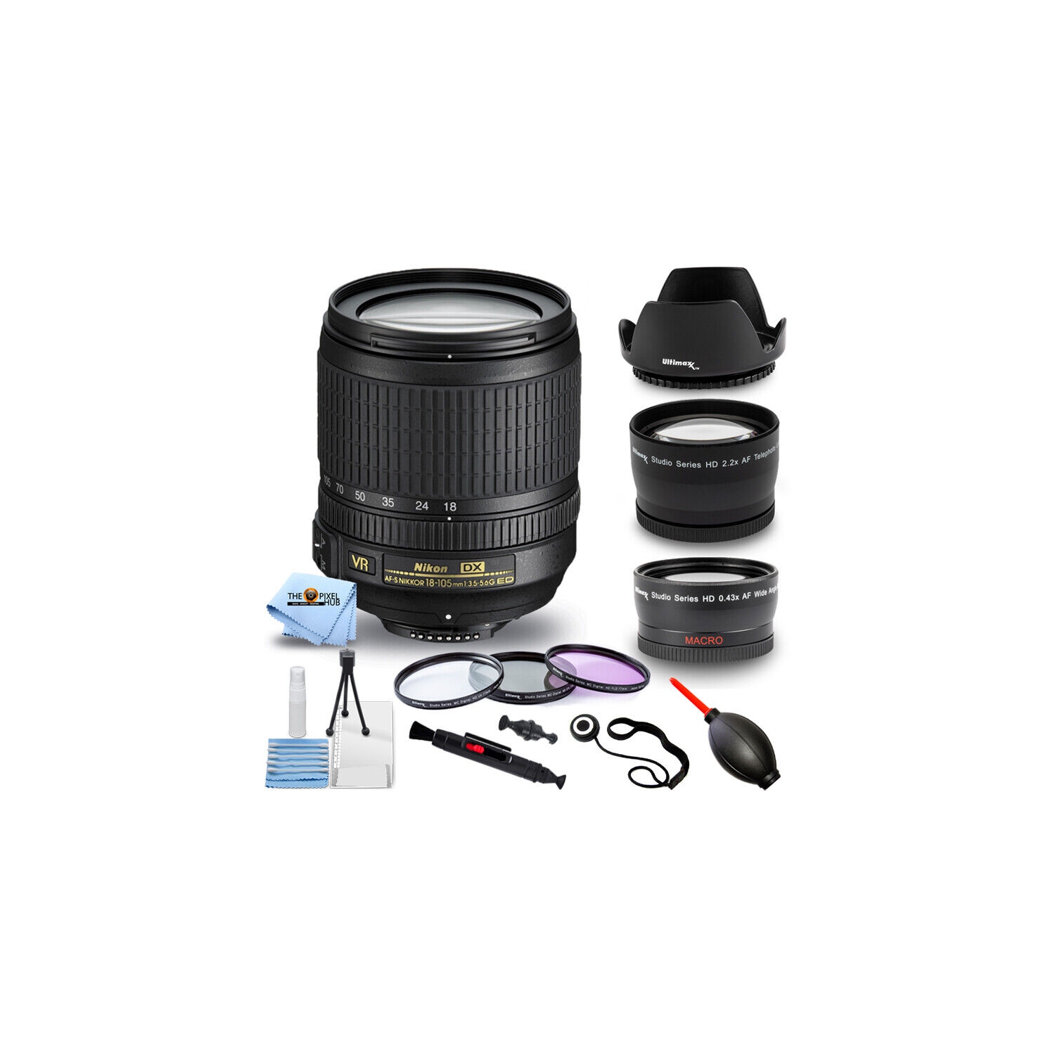 Nikon AF-S DX NIKKOR 18-105mm f/3.5-5.6G ED VR + Telephoto and Wide Angle Lenses