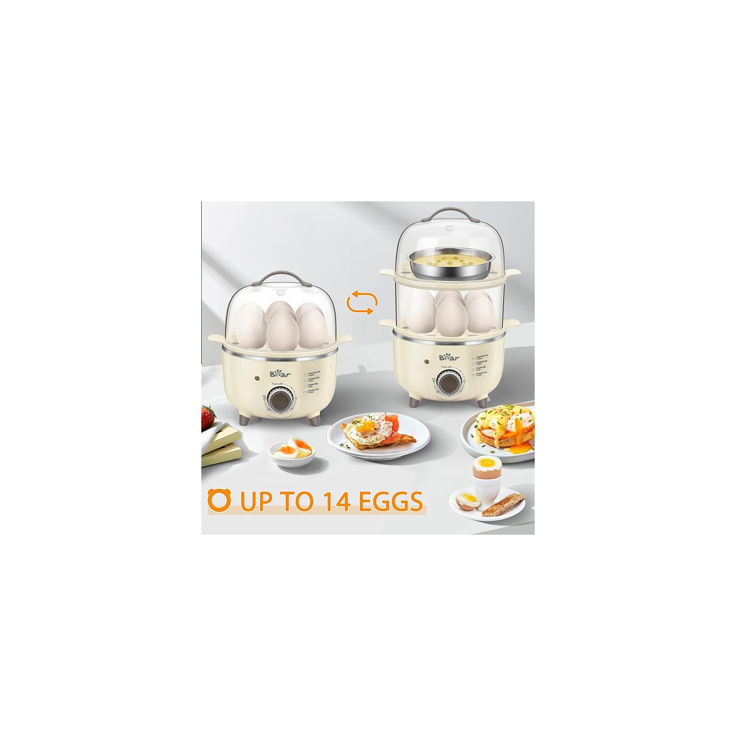 Bear Egg Cooker - 14 Egg Capacity Rapid Electric Egg Cooker with Auto Shut-Off Timer for Hard Boiled Eggs, Poached Eggs, Scrambled Eggs, or Omelets,