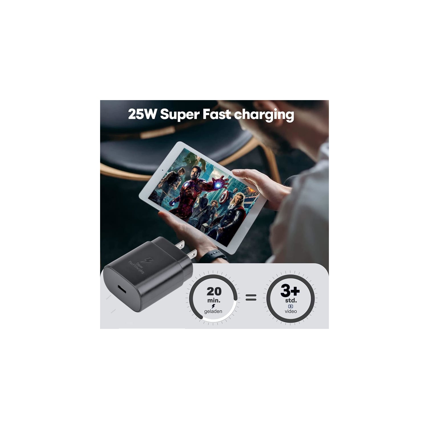 Chargeur rapide USB-C de 25&nbsp;W compatible avec les téléphones Galaxy S23/S22/S21/S20 de Samsung, série Z Fold/Z Flip, Note20, A53/A54 | Bloc de