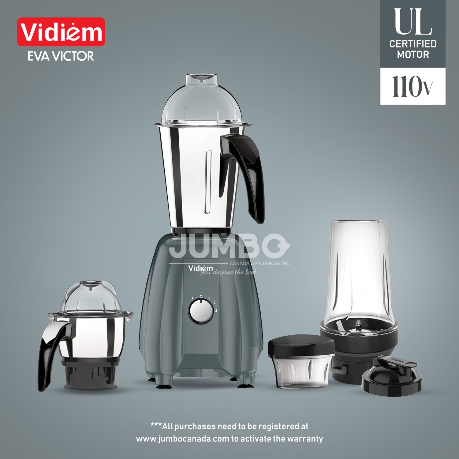 Vidiem Eva VICTOR PRO 650W / 110V - Indian Mixer Grinder SS Jars & 250ml Spice & Personal Coffee Herbs Grinder with 500ml Personal Juices, Shakes &