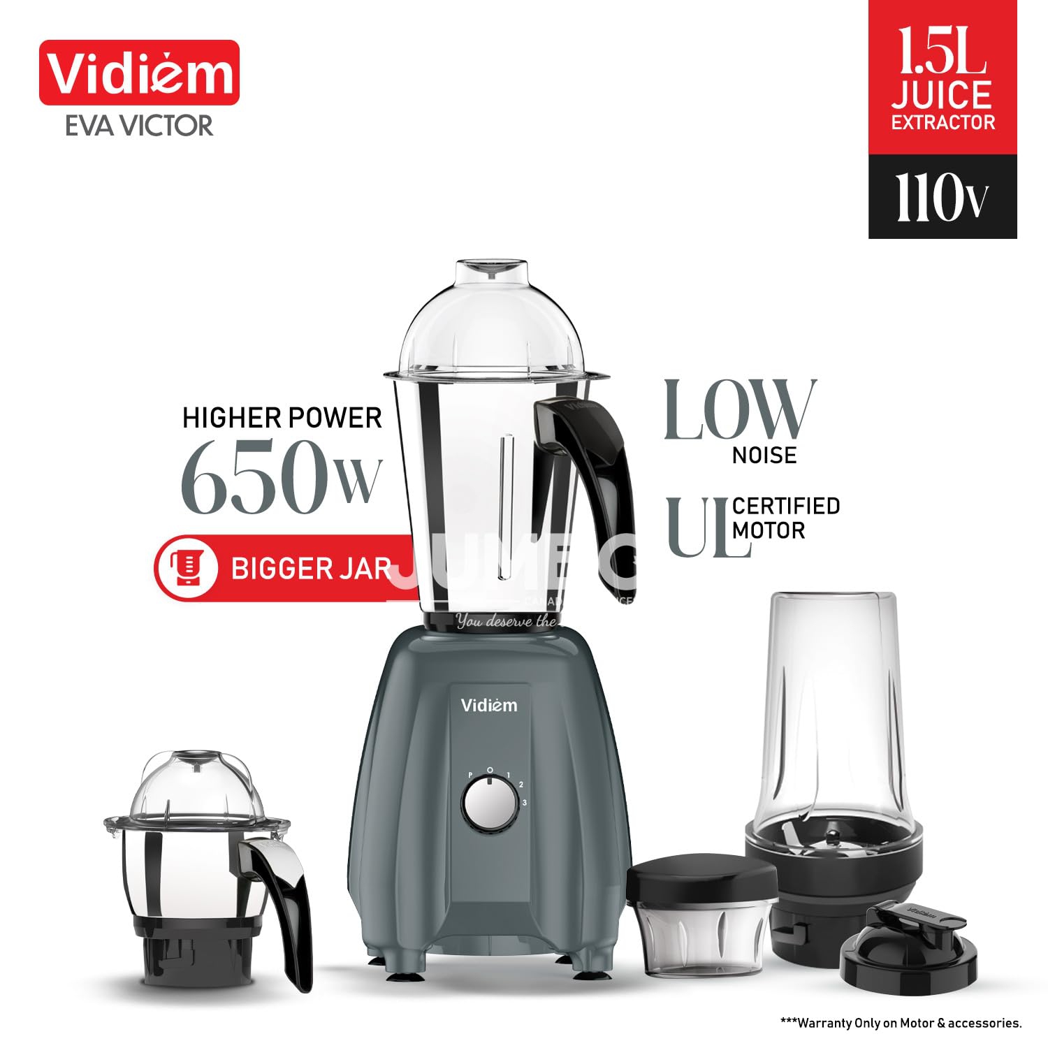 Vidiem Eva VICTOR PRO 650W / 110V - Indian Mixer Grinder SS Jars & 250ml Spice & Personal Coffee Herbs Grinder with 500ml Personal Juices, Shakes &